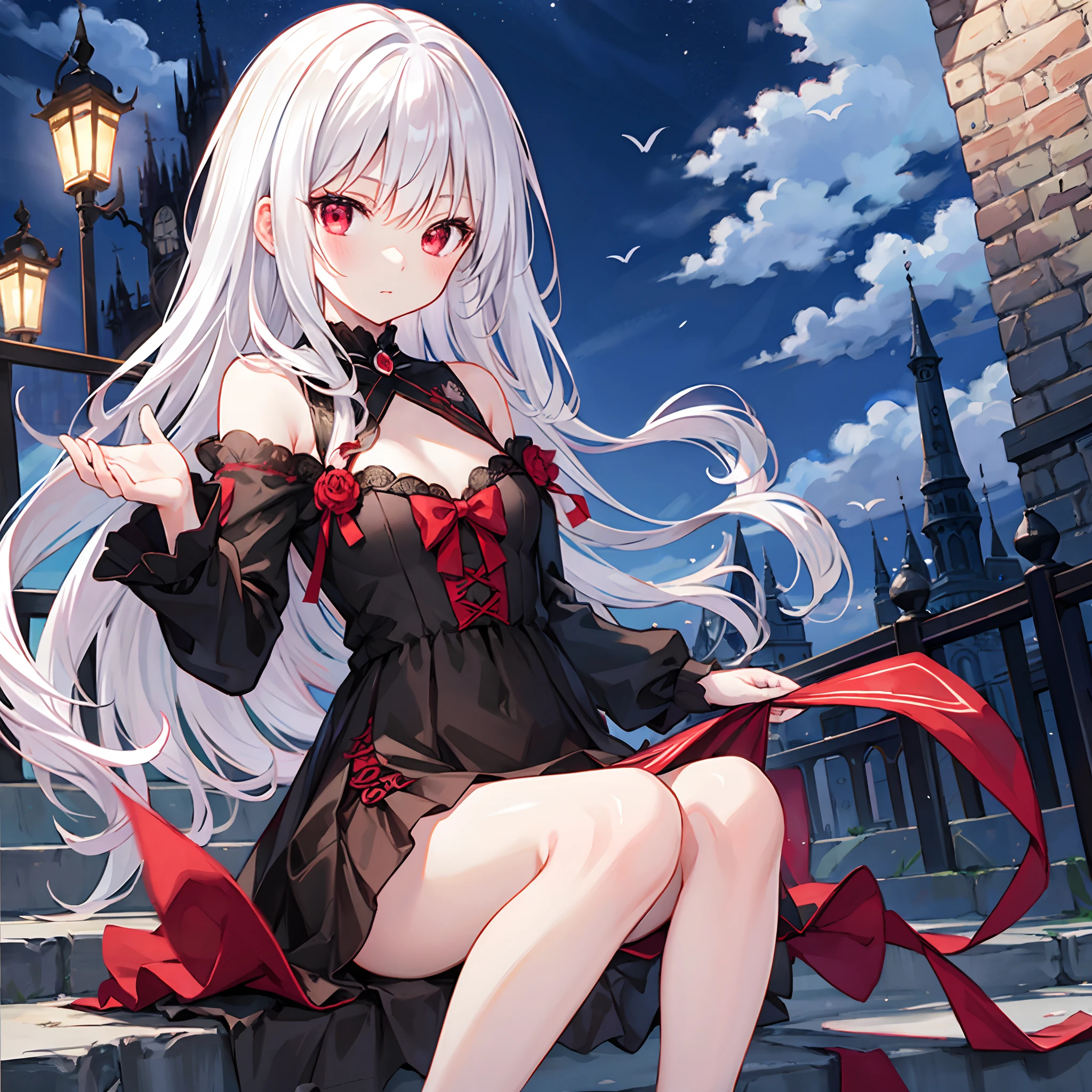 white hair、red eyes、One beautiful vampire girl、doress、Raw feet、Midnight、Western castles