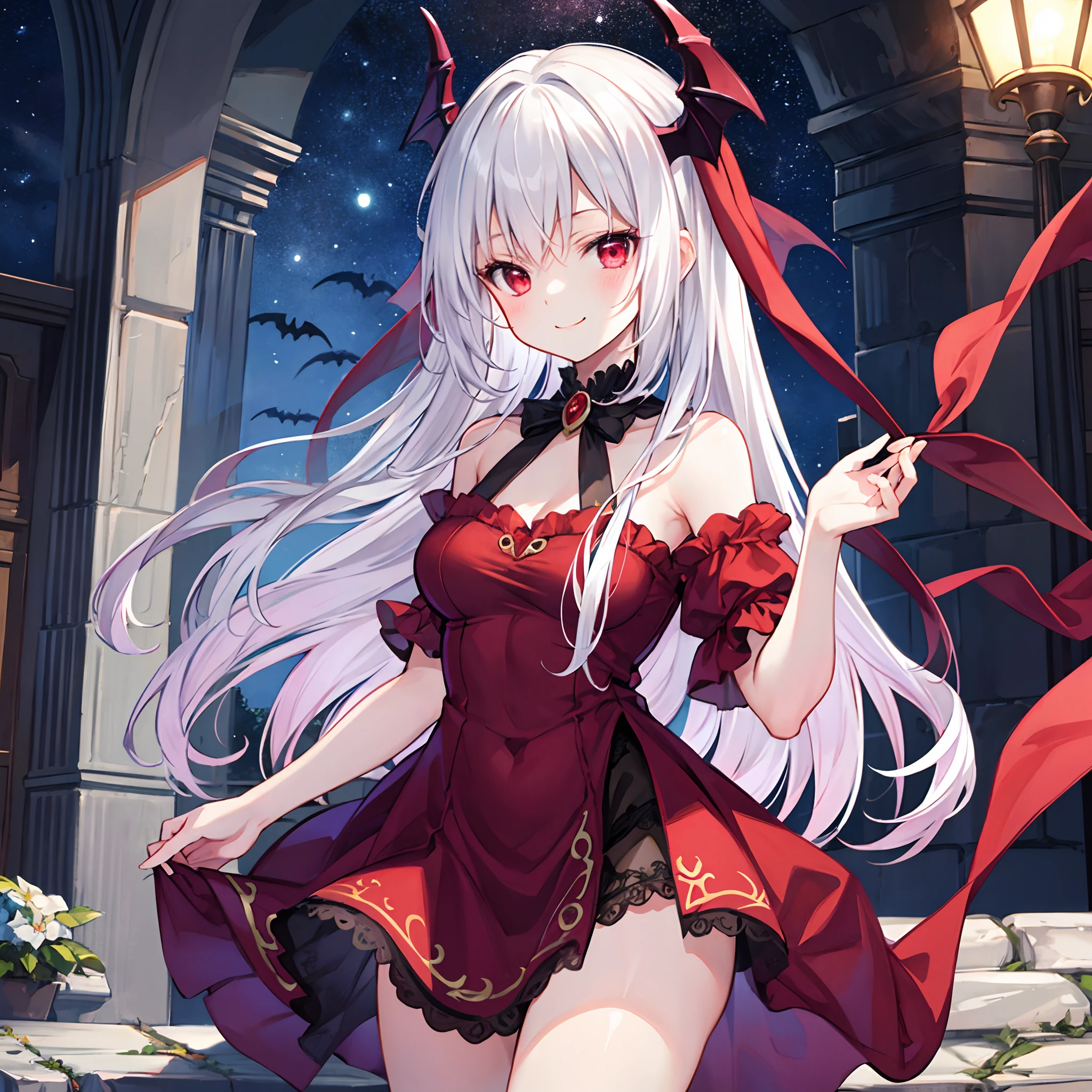 white hair、red eyes、One beautiful vampire girl、doress、Raw feet、Midnight、A smile、Western castles