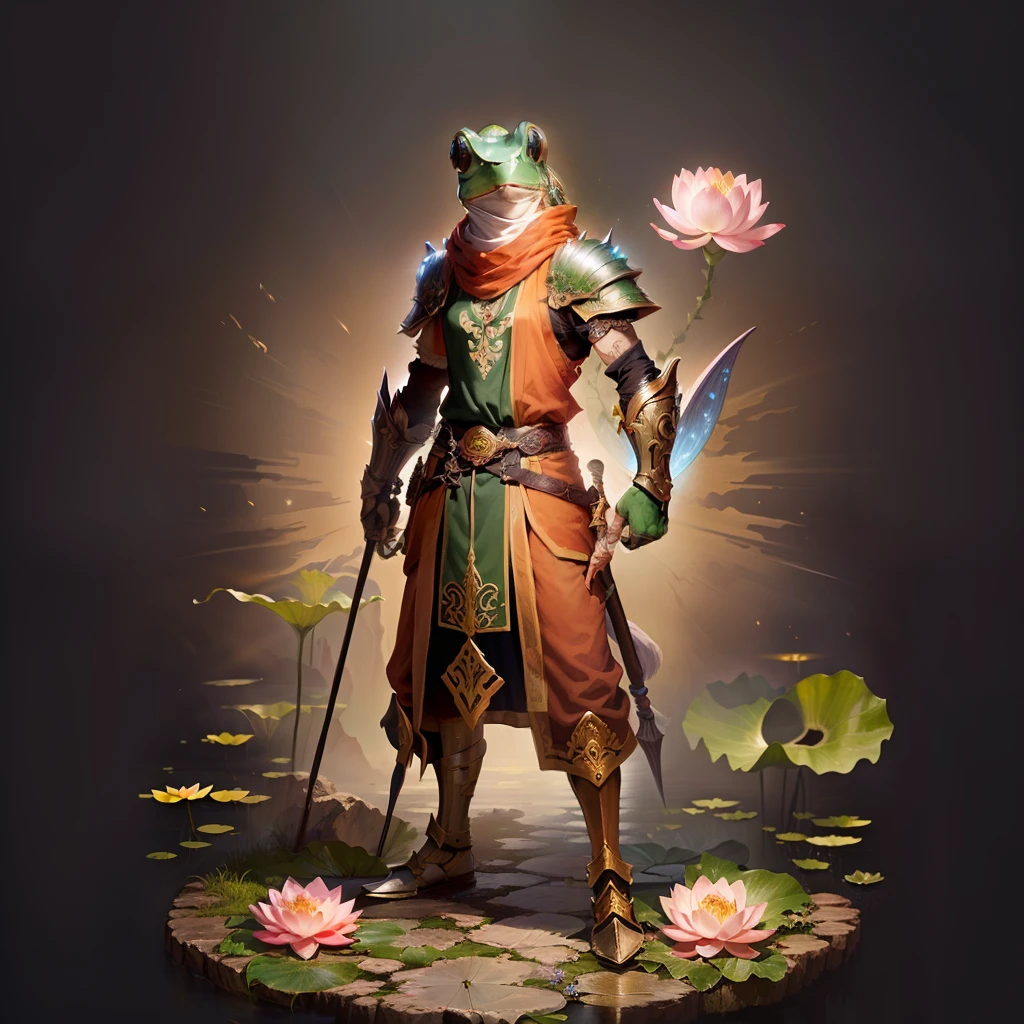 High quality, high resolution, Frog warrior monk with magic fairies and a lotus flower