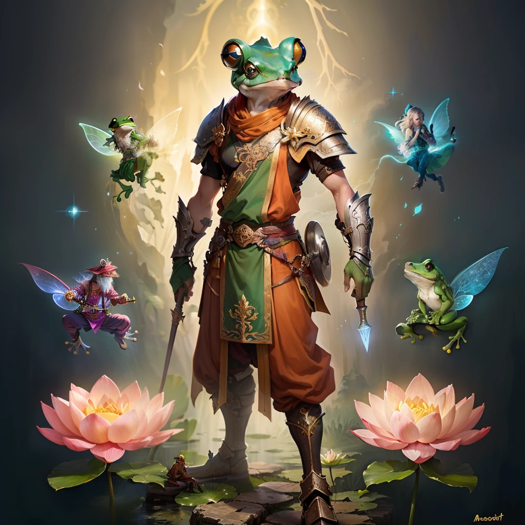 High quality, high resolution, Frog warrior monk with magic fairies and a lotus flower