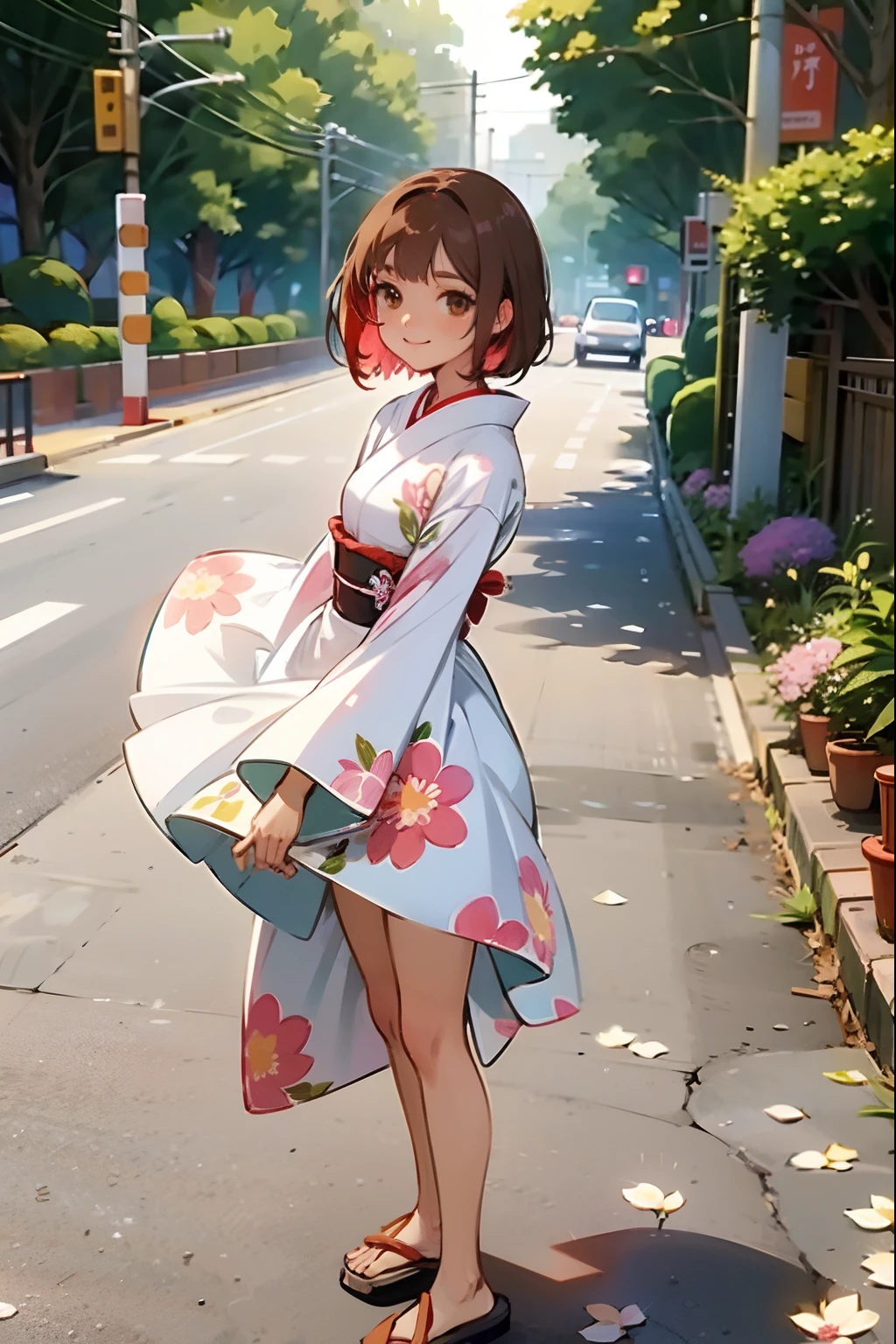 woman standing on the side of the road, wearing a short flowery dress, japanese clothes, flower dress, wearing in a summer dress, in a dress, brown hair, brown eyes, detailed pose, smile, short hair, smooth thighs, colorful, perfect lighting, sunset vibes, soft thighs skin, undetailed background