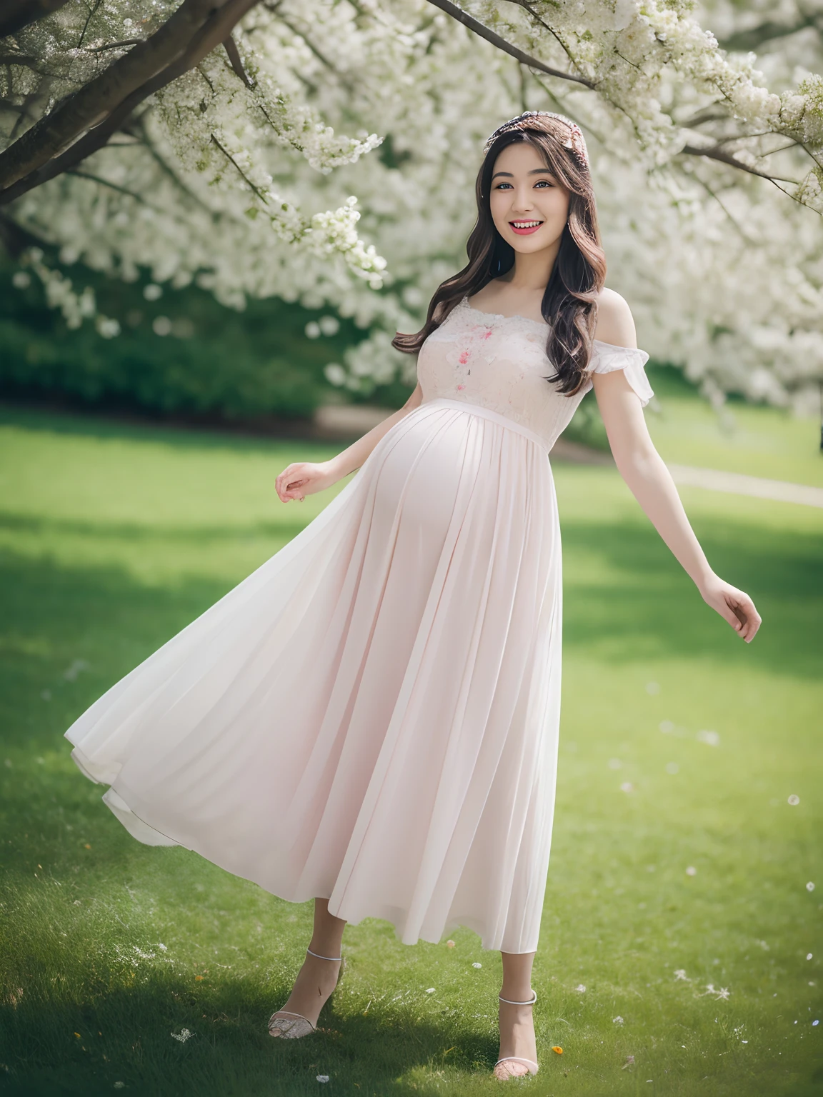 Pregnant women,Pregnancy,Big belly,late pregnancy,massive belly,Very big belly,Pregnant women,View here、A smile,finerly detailed face,Lifelike face,A slight smil,((of the highest quality, 8K, masutepiece: 1.3)),(8K, Raw photo, Photorealistic:1.25) ,(best qualtiy，8K，32K，tmasterpiece，，realisticlying，Very detailed, hyper HD：1.2), Under the peach blossom tree，Exquisite hands，A young and beautiful beauty stood there，Feet on green grass，Petals are falling on the lawn，She is tall，Slender figure exudes confidence and grace, delicate, fair skin like snow,，Long hair swaying in the breeze，eyes are dark brown，God brightly々Right，There was clarity and a hint of affection in her eyes，Slender eyebrows，ruddy lips，Hefty Smile, Wearing a purple slip dress，The skirt is embroidered with delicate flowers，She wore a delicate ribbon around her waist，A green wreath is worn on his head，The wreath is dotted with small pale pink flowers and green leaves