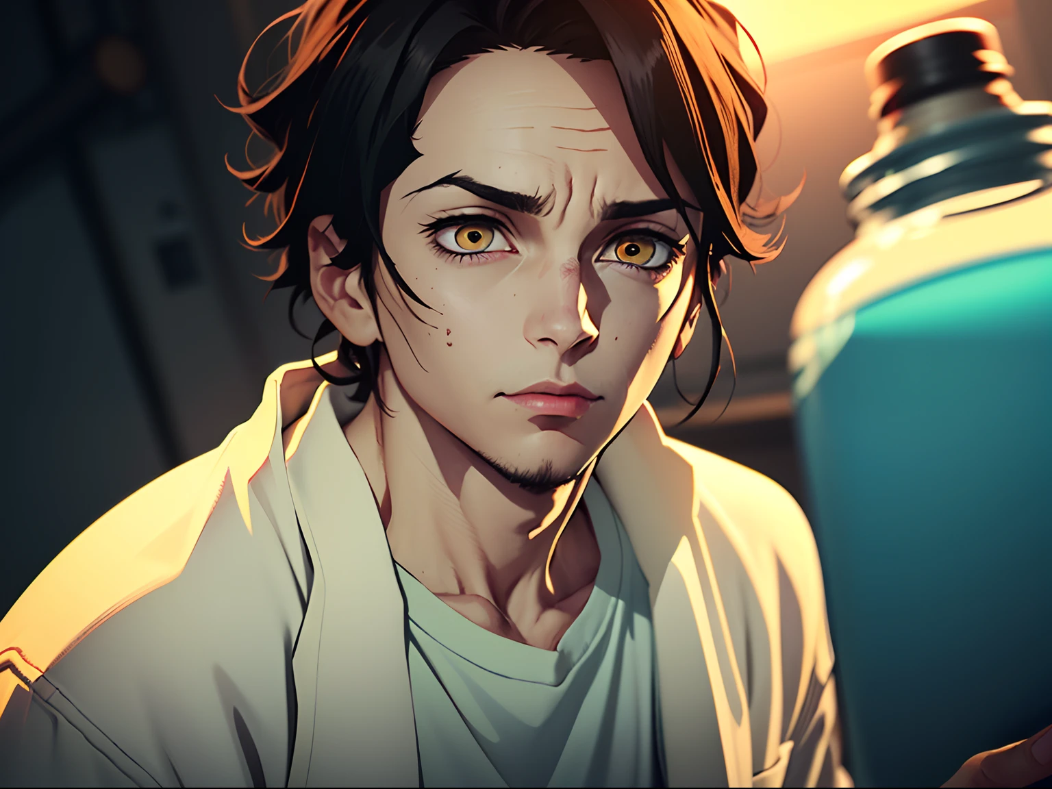 Create an anime character with dark yellow eyes and messy, medium-length dark hair pulled back. He's dressed in a white scientist's coat over a white t-shirt and brown jeans. This character should exhibit a tired appearance with noticeable dark circles under his eyes, reflecting the toll of insomnia. He's holding detailed chemical bottles, emphasizing his role as a scientist. Pay close attention to the detailed eyes and lips with a sharp focus. The art style should resemble Demon Slayer, featuring pastel colors. Ensure it's a 4K masterpiece with realistic lighting and shadows, and feel free to omit specific background elements unrelated to the scientist's environment and theme.