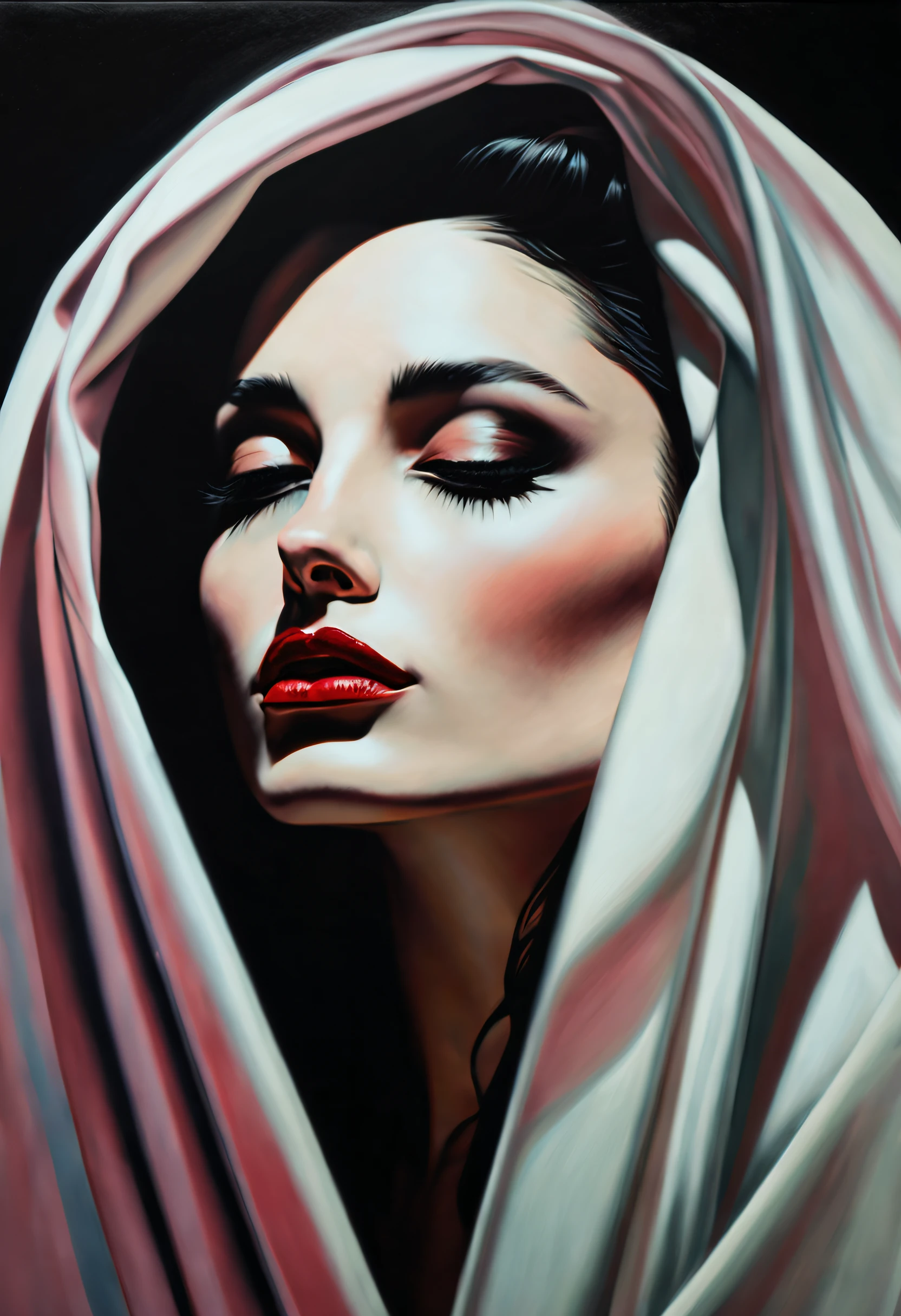 chiaroscuro technique on sensual illustration of an elegant 1980s woman, vintage beauty, eerie, the model draped in flowing, thick oil painting, by Hannah Dale, by Harumi Hironaka, extremely soft colors, vibrant, highly detailed, malcolm liepke painting, oil on canvas, high contrast, dramatic, refined, tonal, Create high contrast between light and shadow