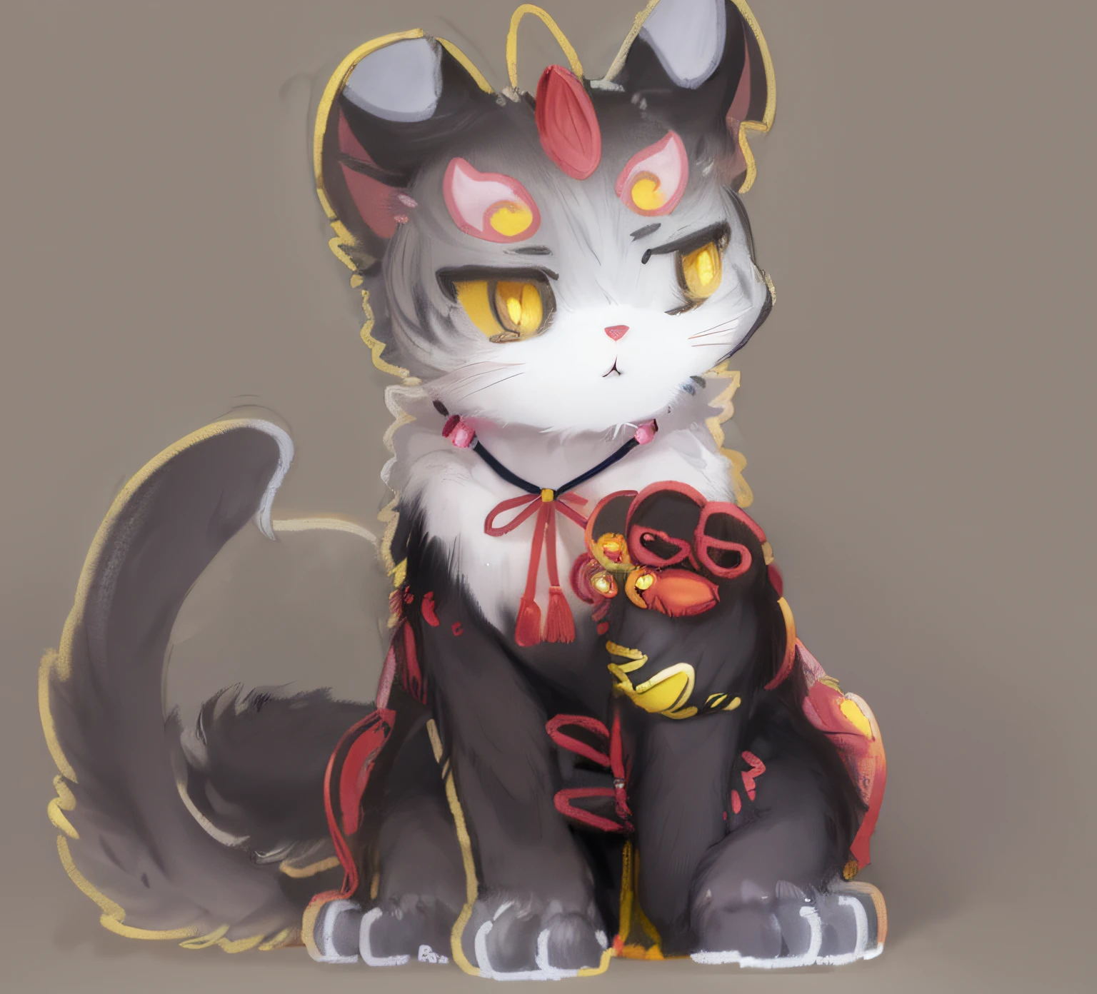There is a drawing of a cat with a collar and flowers, anime visual of a cute cat, an anthro cat, anime cat, Kawaii cat, three - tailed fox, thick fluffy tail, cat seahorse fursona, Sora as a cat, Keqing from Genshin Impact, zhongli from genshin impact, Fluffy tail, A cute cat