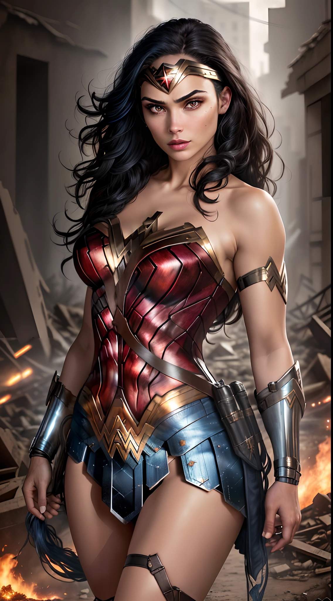 1mujer, Mujer Maravilla,(wonder woman:1.4),(Apocalyptic Destroyed City:1.4),(Detalles intrincados, maquillaje), (Rostro delicado y hermoso,（Beautiful and detailed eye description）, Cara perfectamente proporcionada), (Realistically moist skin: 1.0), (Cuerpo empapado: 0.5), (damp skin), cabello mojado, piel delicada, Ojos azules fuertes y realistas, Cabello negro realista, labios, maquillaje, Textura natural de la piel, tiara, jewely, estrella \(simbol\), leotardo, Guantelete a prueba de balas, botas rojas, Faja dorada, (public clothing: 1.5), hombros desnudos, tez ligeramente quemada por el sol, maduro, sexy, toned muscles, (musculatura:1.2), ((Cuerpo fuerte y sano)), ((((PLUS) musculatura))), piernas largas, Curvas, (pechos grandes: 1.3), cintura delgada, cintura suave, (piel delicada), (Mujer hermosa y sexy), (labios hinchados: 0.9), very delicate muscles, En pie,(realista: 1.5), fotorrealista, Renderizado de octanaje, Hiperrealista, Modelado ajustado, (Cara fotorrealista: 1.2), thick eyelashes, long eyeslashes, (cabello oscuro rizado: 1.1), La mejor calidad, media sonrisa, (Mirando al espectador), foco nítido, (4k), (Obra maestra), (La mejor calidad), fantasy, extremadamente detallado, intrincado, hiper detallado, (Cara perfecta), illustration, Soft lighting,(specular lighting:1.4), ojos azules, absurdamente fotorrealista, ultrahigh resolution, intrincado, hiperdetallado, (skindentation), hembra, Cuerpo detallado, (Cara detallada: 1.1), (Iris delineado), (Lentes Hydrocolor), (ojos perfectos), 4k, splendid, (Obra maestra: 1.2), (La mejor calidad:1.2),UHD, 8k, 1080p.motor irreal:1.4,UHD,La mejor calidad:1.4, fotorrealista:1.4, textura de la piel:1.4, obra maestra:1.8,obra-prima, mejor calidad,（Beautiful and detailed eye description）,(CyberpunkAI:1.4),[objeto Objeto], (detailed face features:1.4),