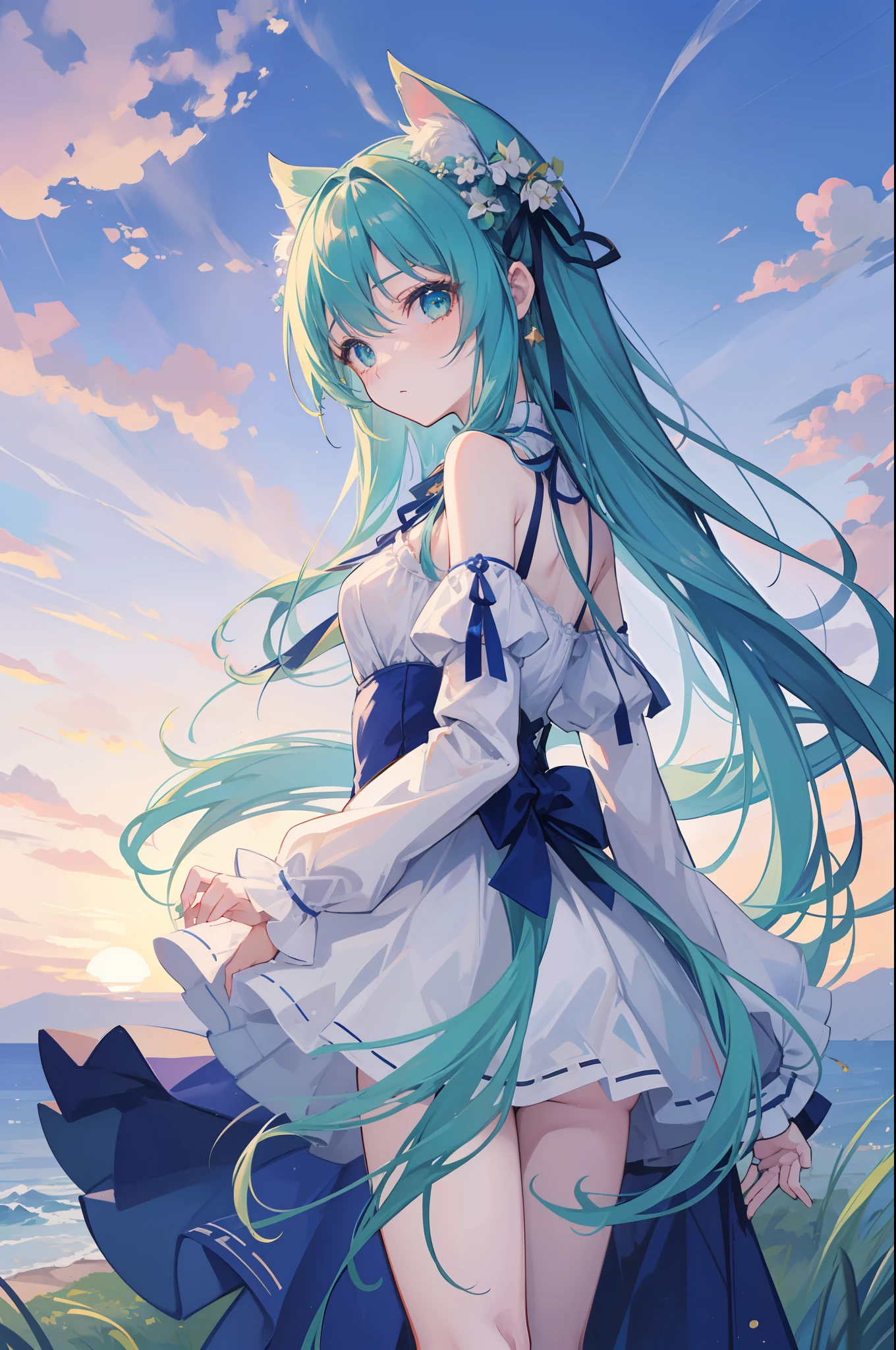 Cyan long hair girl with cyan cat ears with cyan eyes wearing cyan neko outfit