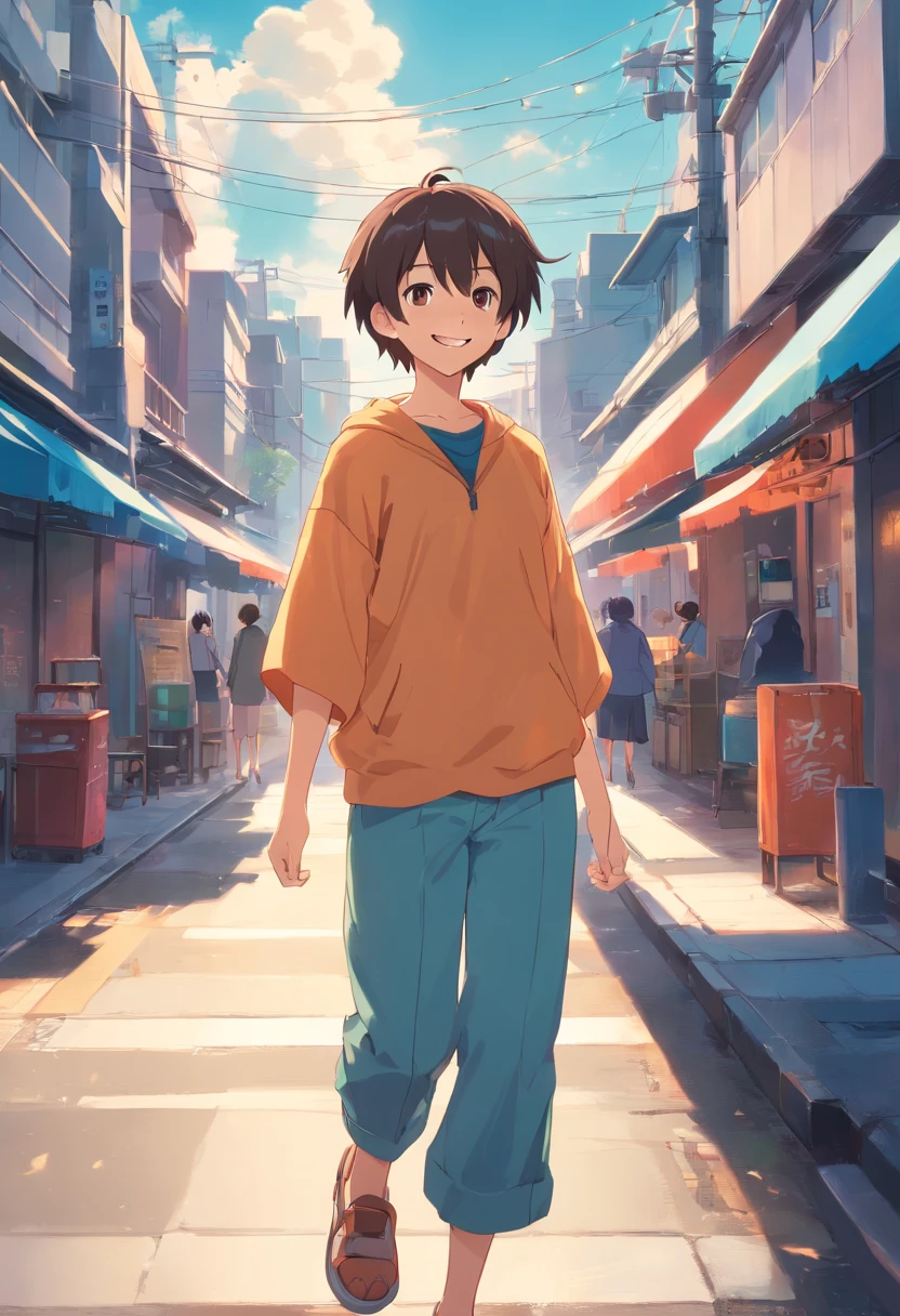 High contrast colors、4K high-definition quality、年轻、a smile、daili、Boy transformed into anime style with exaggerated innocent facial features and clothes