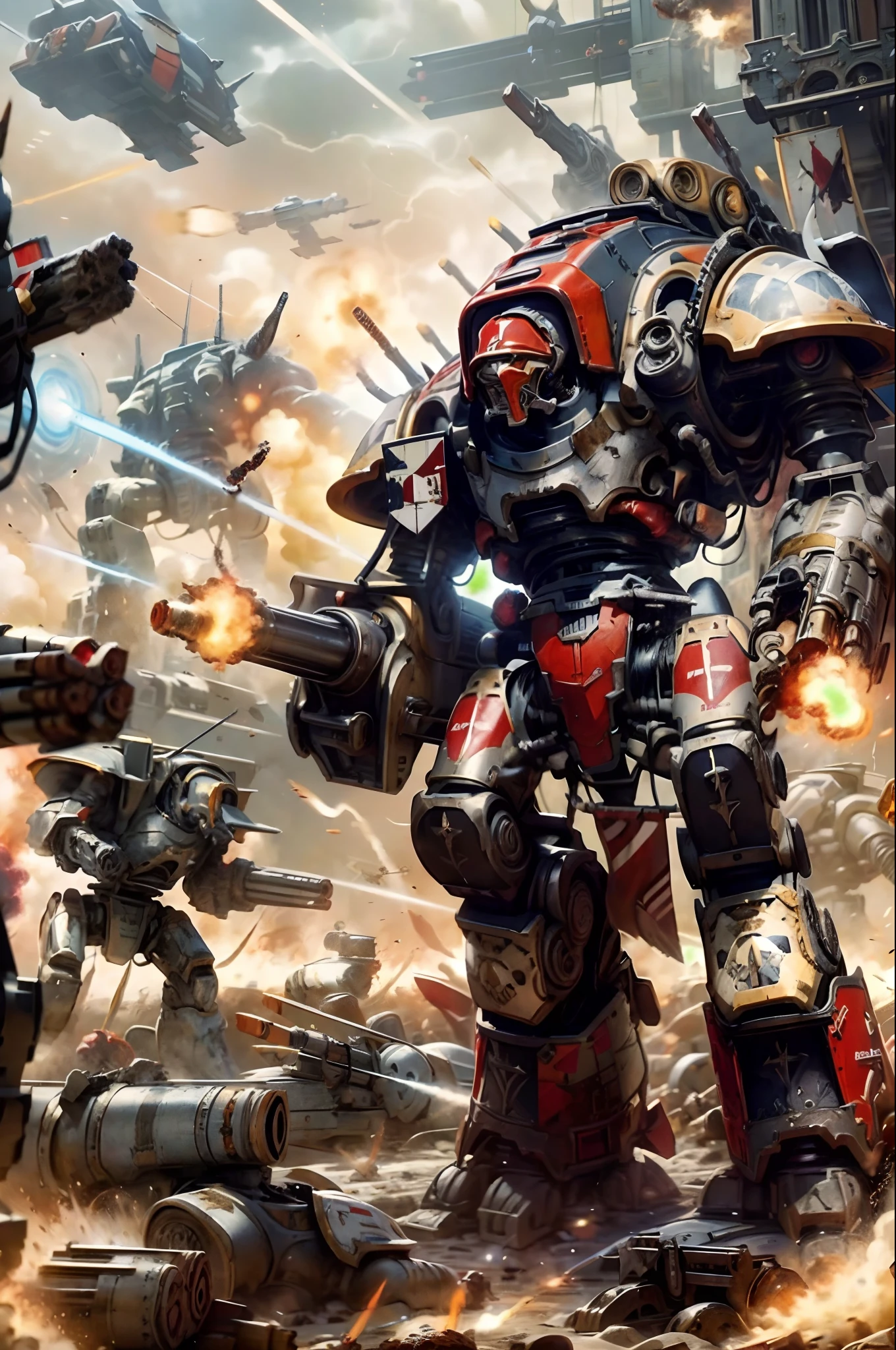 Photo of warhound, titan, gun, firing, chaos, 
red body, scartches, red colorway, shoulder cannon, arm cannon, gattling gun, damaged, huge gun,
in the background, firing, army, battle, in the middle of siege, heavy explosion, gun drone,