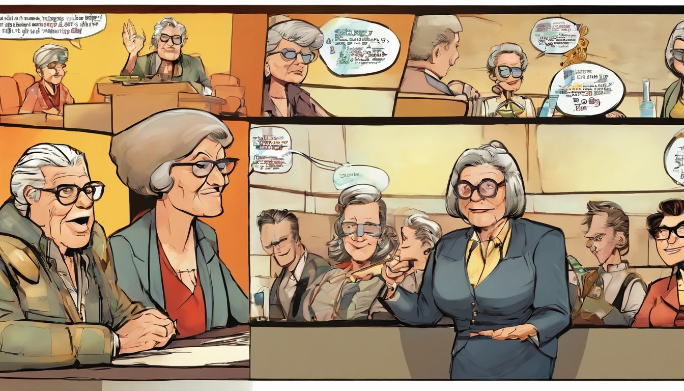A hot old lady, a big boss, with a well-curved body, wearing a jacket over her shoulders, and wearing glasses and tied up hair, is giving an empowering speech in front of a huge screen. top-down view (versus overhead)