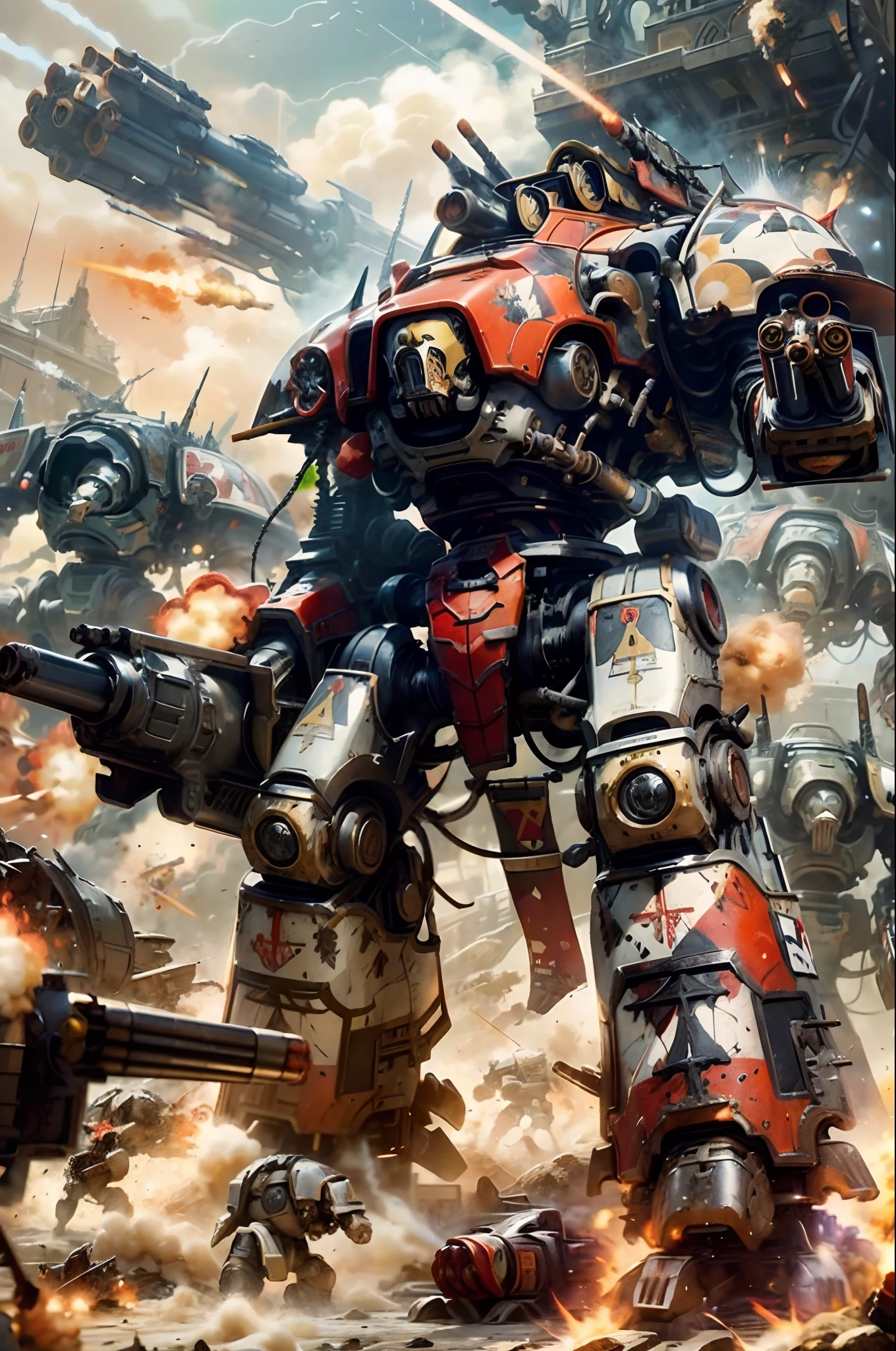 Photo of warhound, titan, gun, firing, chaos, 
red body, scartches, red colorway, shoulder cannon, arm cannon, gattling gun, damaged, huge gun,
in the background, firing, army, battle, in the middle of siege, heavy explosion, gun drone,