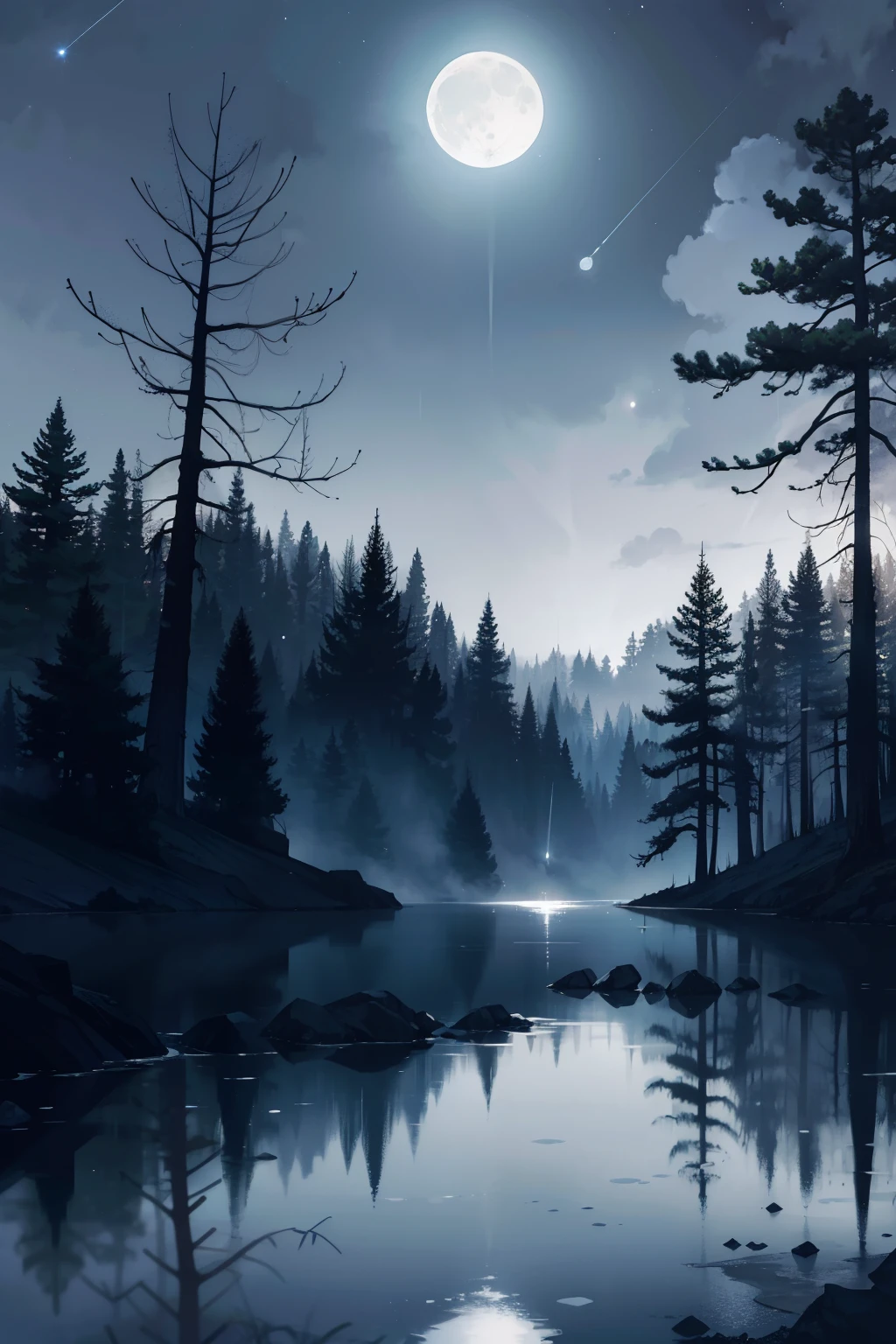 A beautiful and detailed moon, hanging above a very dark lake with trees surrounding it, a lake with pine trees, dark starry sky with the moon, night time, rainy and misty, mist effect, 8k, high resolution