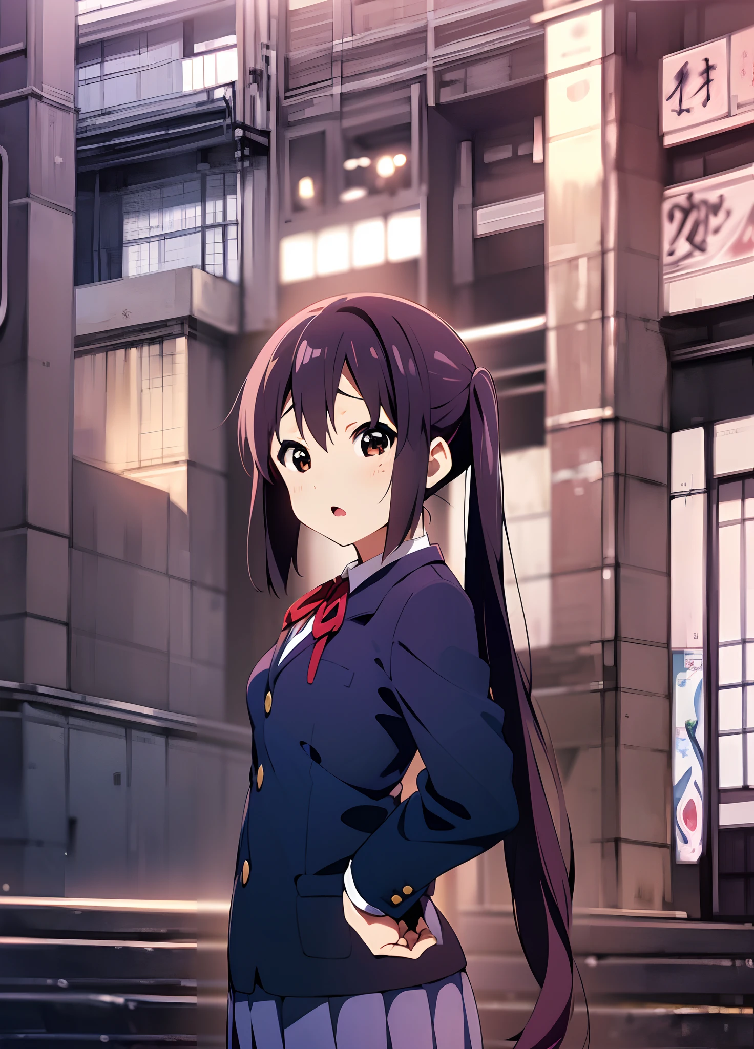 1girl, (((masterpiece))), highest quality, best quality, high detail, nakano azusa, 1girl, sakuragaoka high school uniform, school uniform, twintails, long hair, black hair, brown eyes, solo, red , a navy blue blazer with red narrow ribbon, a solid white buttoned shirt under the blazer, illustration, cartoon, soothing tones, calm colors, soft cinematic light, adobe lightroom, photolab, hdr, intricate, highly detailed, ((((depth of field)))). (((takeout))).dynamic focus.((big breasts)).(((Skyscrapers))).(((A city scape))).(((Face of sadness))). open mouth.(((put hands on the hip))).(((up chest))).((evening glow)).((the setting sun)).