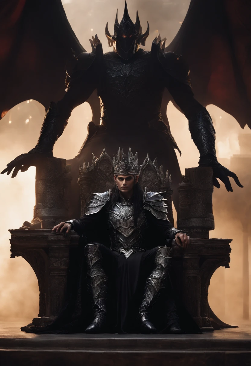 two dark elf kings and an elf queen, all dressed in black armor covered in darkness, all sitting on a single great throne covered in darkness