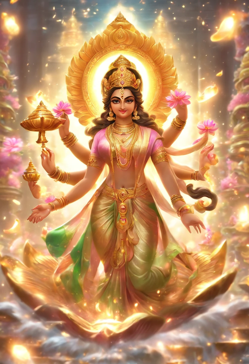(((Lakshmi))) best quality, ultra-high resolution, 4K detailed CG, masterpiece, Hindu Goddess, Hindu mythology, ((goddess of wealth)), Hindu image, aesthetic, screen-centric