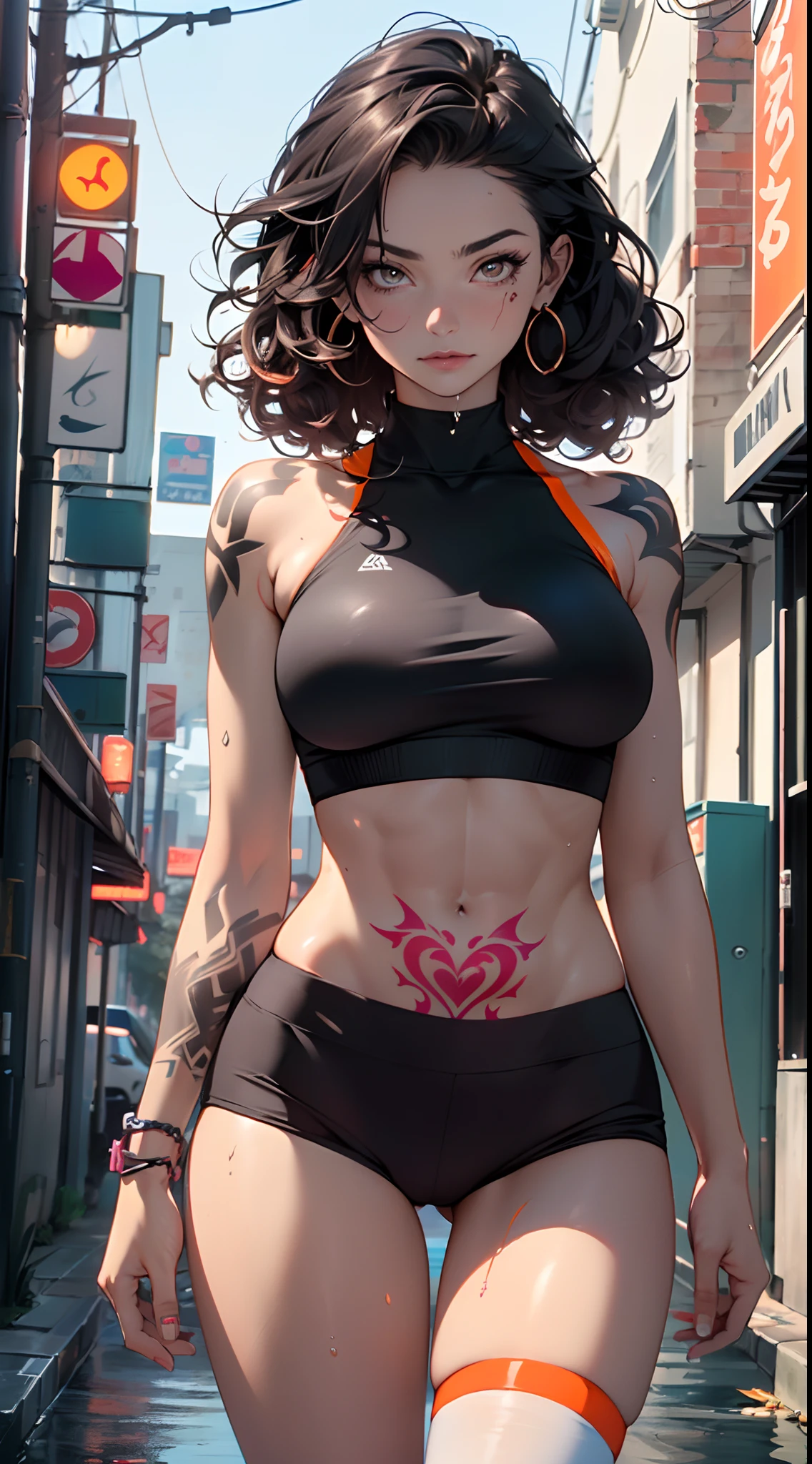 girl sporty,((attractive and muscular girl)),(tomboy),

(large breasts:1.4),saggy breasts,(((black hair:1.35,curly hair, disheveled hair:1.3,very long hair:1.4,colored inner hair,ear breathing))),((heterochromia:1.5, (orange_eye and red_eye))),intricate eyes,beautiful detailed eyes,symmetrical eyes,(((lustrous skin:1.5,bright skin: 1.5,skin tanned,shiny skin,very shiny skin,shiny body,plastic glitter skin,exaggerated shiny skin,illuminated skin, wet legs))),(spider lower abdomen,narrow waist,wide hip,athletic body,inflated legs,detailed body),(((muscle legs,muscular thighs,muscular girl,strong and muscular,bodybuilder,strong body,muscular,feminine and muscular,ABS))),(detailed face),(((tattoos:1.5))),

cute,slutty,seductive,erotic,(((nsfw))),

zettai ryouiki,((tight sports bra, tight sports panties, ((orange and black clothes)))),((wet clothes,intricate outfit,intricate clothes)),

(dynamic pose:1.0),annoyed,(centered,scale to fit dimensions,Rule of thirds),

cyberpunk city by the ocean at night, with bright neon signs and dark stormy clouds and puddles, scenery:1.25,

artistic photography,(photography taken by sldr),highres, sharp focus, (ultra detailed, extremely detailed), (photorealistic artwork:1.37),(extremely detailed CG unity 8k wallpaper),((synthwave background theme)),(((vibrant colors))),(intricate background),(masterpiece),(best quality),