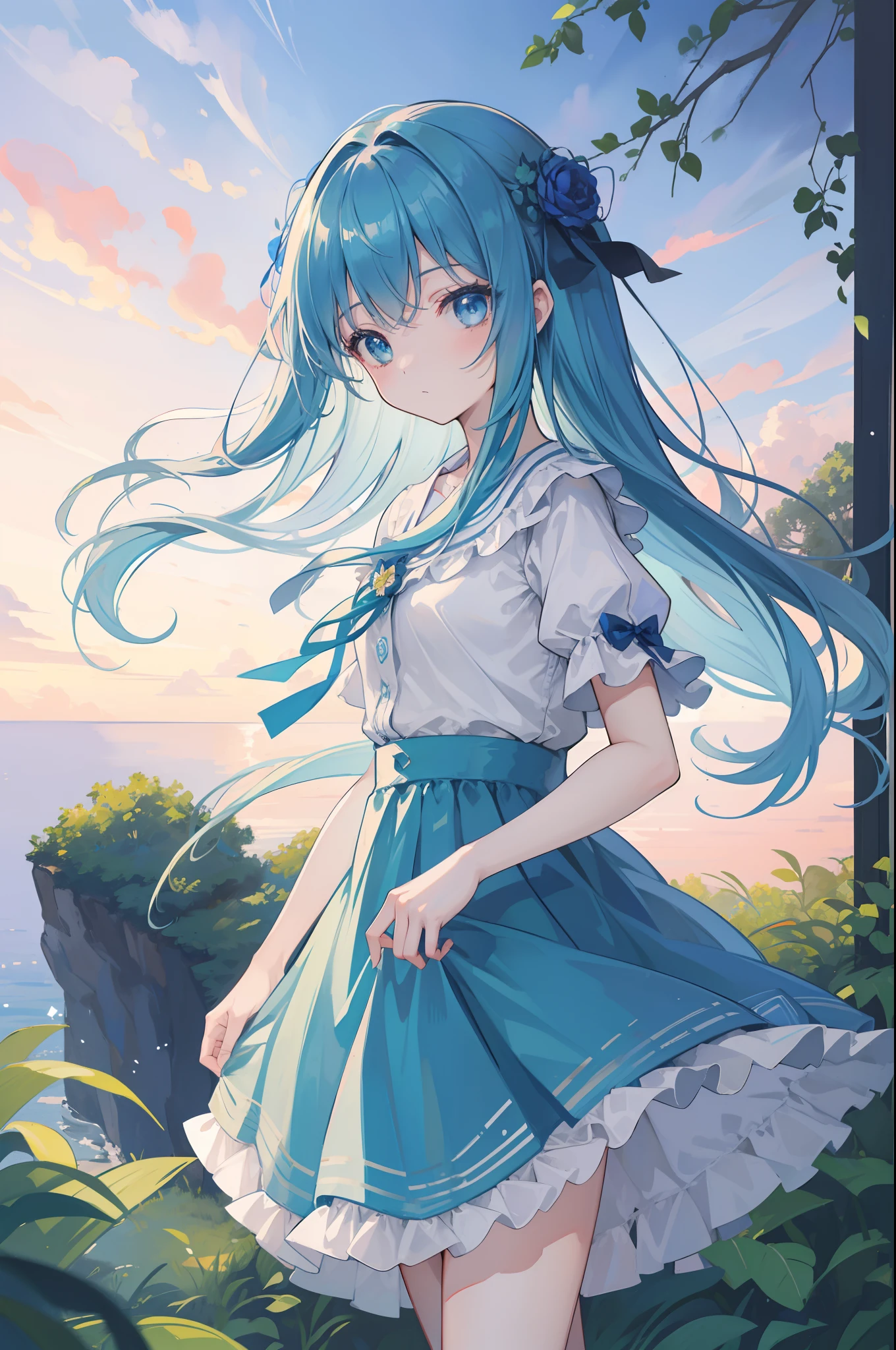 1 girl in、Blue Long Hair、Twin-tailed、Green eyes、Sunset landscape(Some photos)、Drawn from a specific angle、Looking at the camera、delicate finger、beautiful ilumination、fuffy dress、Navy blue skirt,white panty、Outdoor scene in the background、(High resolution of the highest quality)、((Masterpieces of the highest quality:1.2))