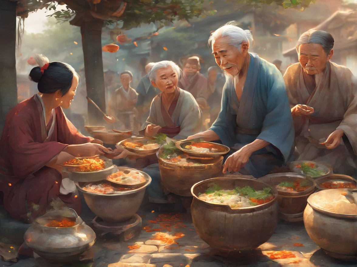 (best quality, 4K, 8K, high resolution), ultra-detailed, (realistic, photorealistic, photo-realistic:1.37), Chinese style, town dock, banyan tree, disheveled face, trishaw, traditional Zhuang ethnic costume, elderly grandmother, vibrant flowers on the head, enthusiastic service, serving a bowl of steaming porridge. The old grandfather wears worn-out clothes, with a tired face, holding a bowl. A crowded line, uncovered meal, growling stomach, hungry expression, mouth watering, anxiously counting the people in front, stretching their necks, inhaling the tempting aroma of the porridge filling the air.