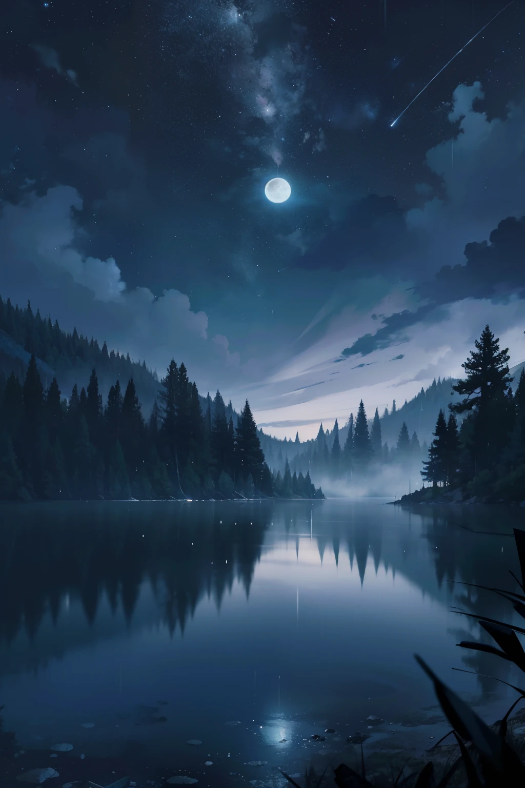 A beautiful and detailed moon, hanging above a very rainy dark lake with trees surrounding it, a lake with pine trees, dark starry sky with the moon, rainy night, raindrops on the lake, raining, dark, rainy and misty, mist effect, 8k, high resolution