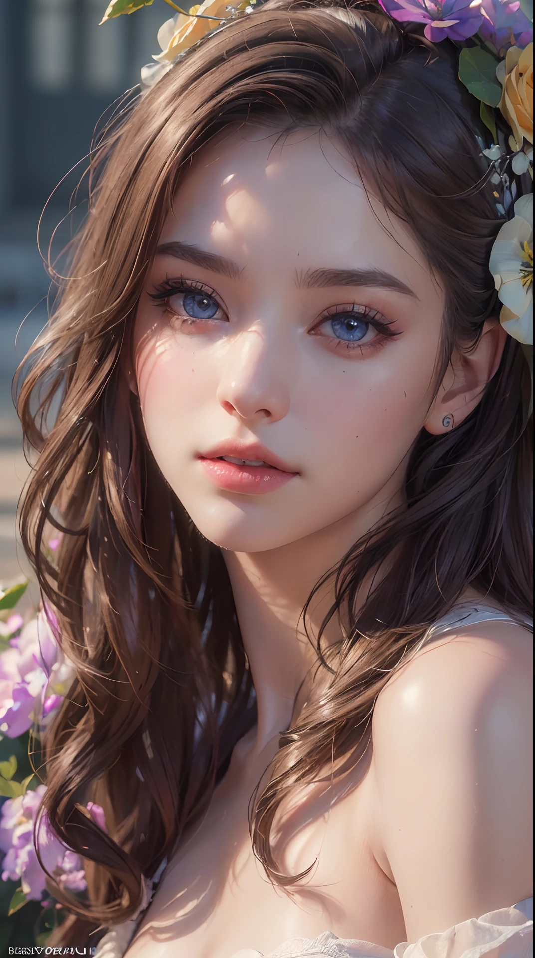 (best quality,4k,8k,highres,masterpiece:1.2), ultra-detailed, (realistic,photorealistic,photo-realistic:1.37),(beautiful detailed eyes, beautiful detailed lips, extremely detailed eyes and face, long eyelashes),studio lighting,physically-based rendering,vivid colors,(Woman with flowers on her head),