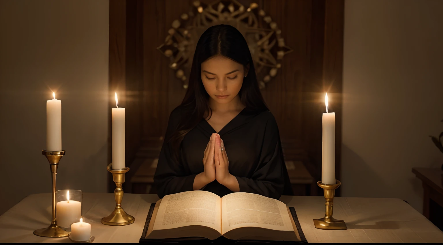 Show a person in deep meditation or prayer before an altar with a Bible and a lit candle. An aura of serenity should surround the person