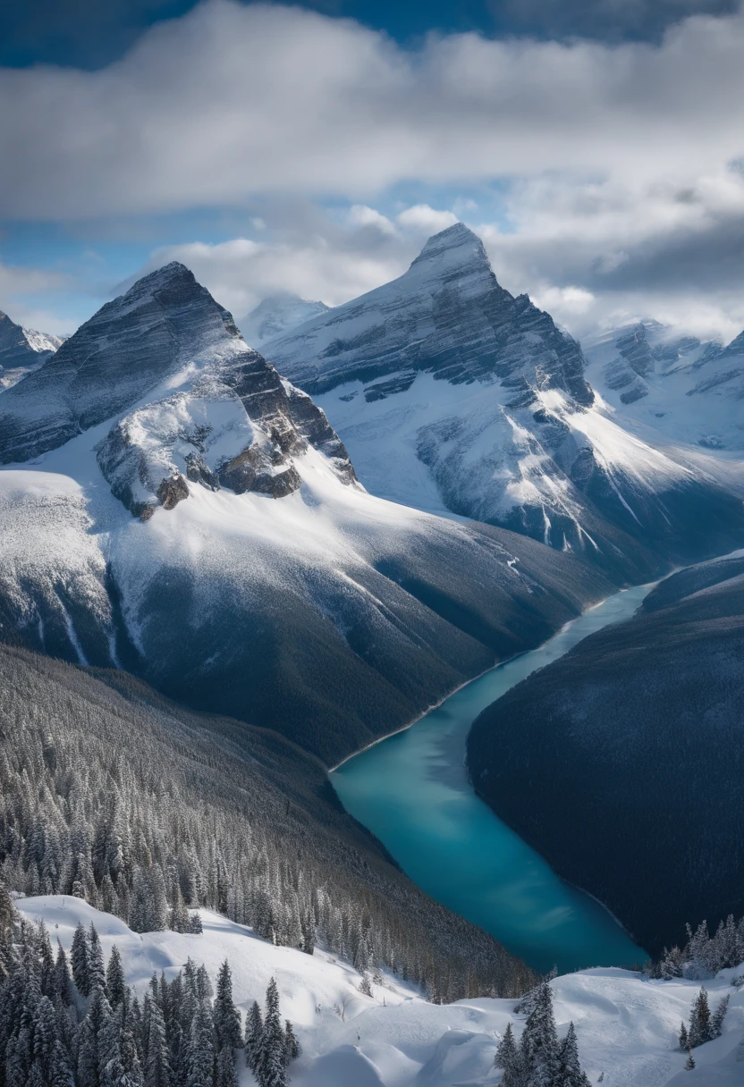 Canadian Rockies Mountain, avalanche, realistic, best quality, ultra-detailed, solo, outdoor, mountains, nature, winter, snow, photorealistic. DSLR, Cinematic, raw photo, taken from a helicopter viewpoint,