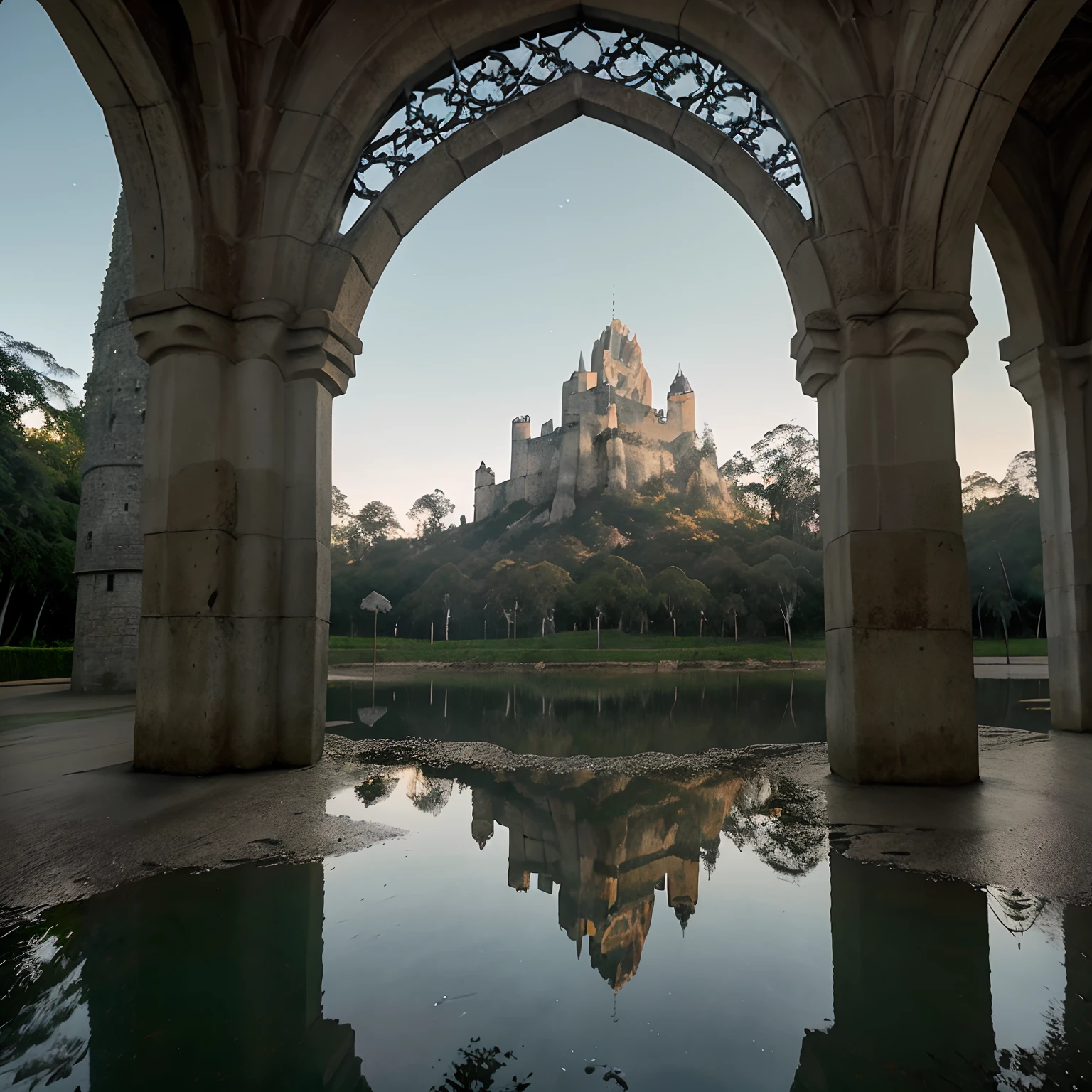 (textura pedra, castelo, middle ages) vitrais em cor, cinematic filter, hiper realismo, rusty iron gate, trees around, ambiente chuvoso, noite de luar, 8k, ultra-realistic scenery, Royal Illuminated Candlesticks, Ambiente texturizado realista, 16k, filtros de cores e reflexos hiper reais, Lagoas com reflexo realista do luar, ponto de vista alto, 45 degrees tilt, damp and dark environment, filtro de filme 32 mm