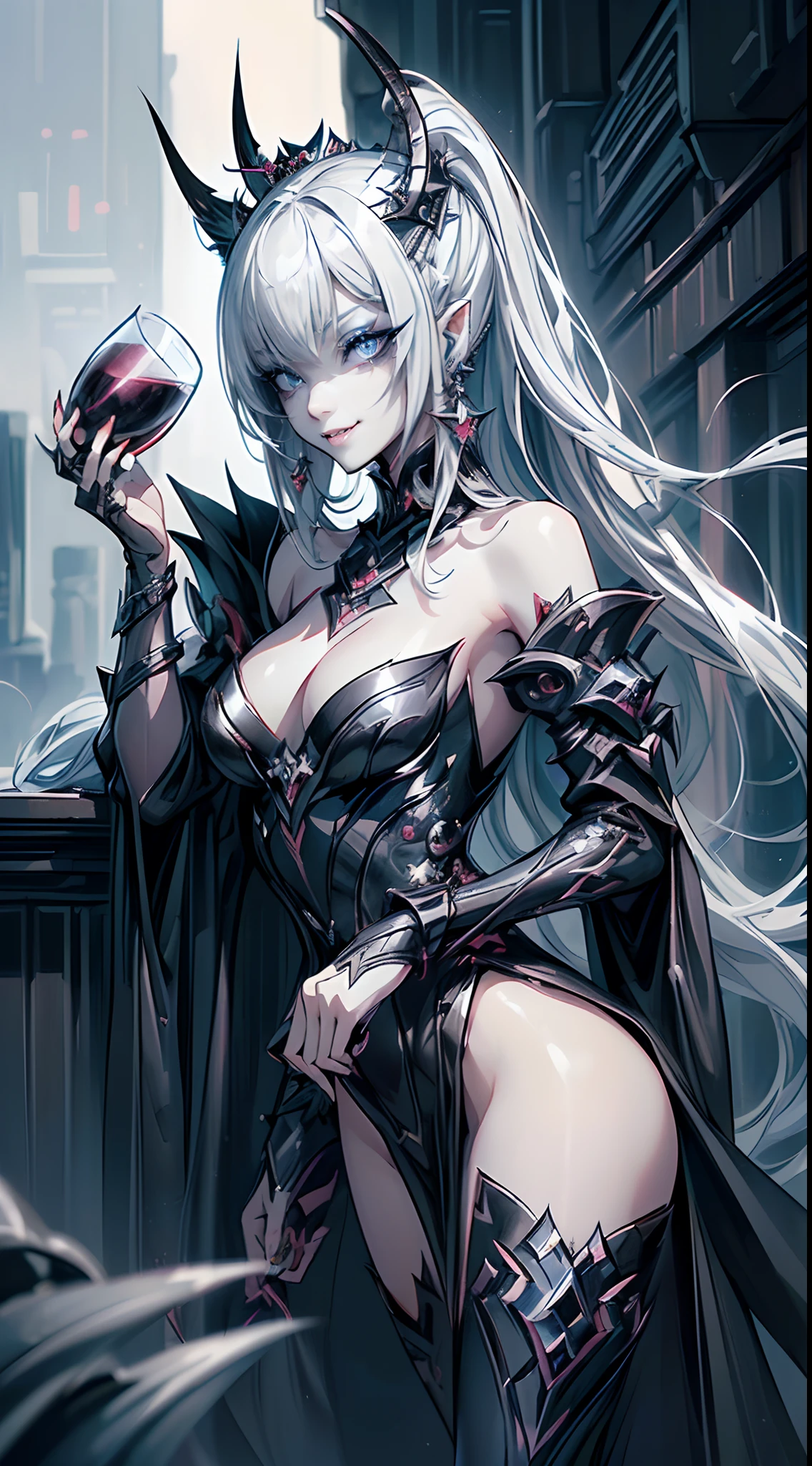 ((4K works))、masterpiece、(top-quality)、((One Beautiful Villain Girl))、Slim body、tall、((Villain Black Dress Fashion))、(Detailed beautiful eyes)、bar、((Face similar to Carly Rae Jepsen))、((Long boyish black and white split hair))、((Smaller face))、((Neutral face))、((Bright blue eyes))、((American adult women))、((Adult female 26 years old))、((cool lady))、((Like a celebrity))、((Like the villain queen))、((Fangs and a smile))、((Korean Makeup))、((Villain Queen Makeup))、((elongated and sharp eyes))、((boyish))、((Villain Queen))、((She drinking alcohol))、((Shot diagonally from the side))、Professional Photos、Villain Queen photo、Reach out to your audience、((Shot alone))