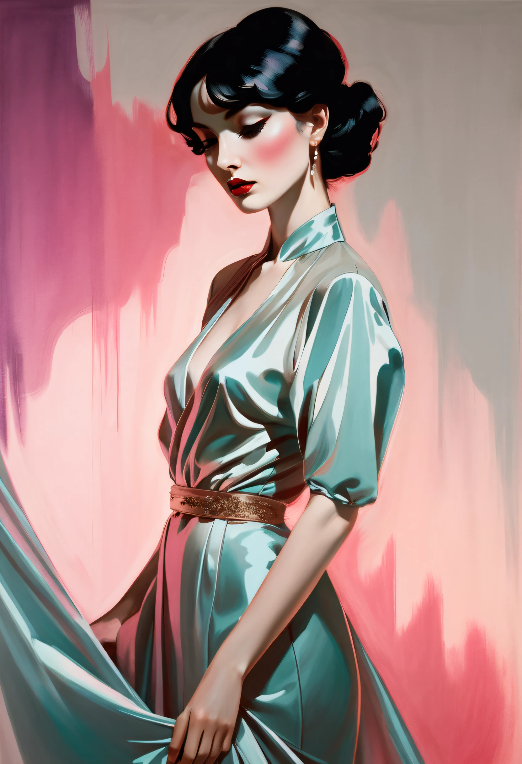 chiaroscuro technique on sensual illustration of an elegant woman, vintage ,silky dress, matte painting, by John Singer Sargent, by Harumi Hironaka, extremely soft colors, vibrant, pastel, highly detailed, digital artwork, high contrast, dramatic, refined, tonal, an intimate, seductive studio setting with a focus on sensuality and romance. Utilize soft, warm lighting that bathes the space in a gentle, inviting glow. Incorporate luxurious fabrics, plush furnishings, and a touch of decadence to evoke an opulent ambiance. The scene should exude an air of serenity and anticipation, inviting the viewer into a sensual and romantic space