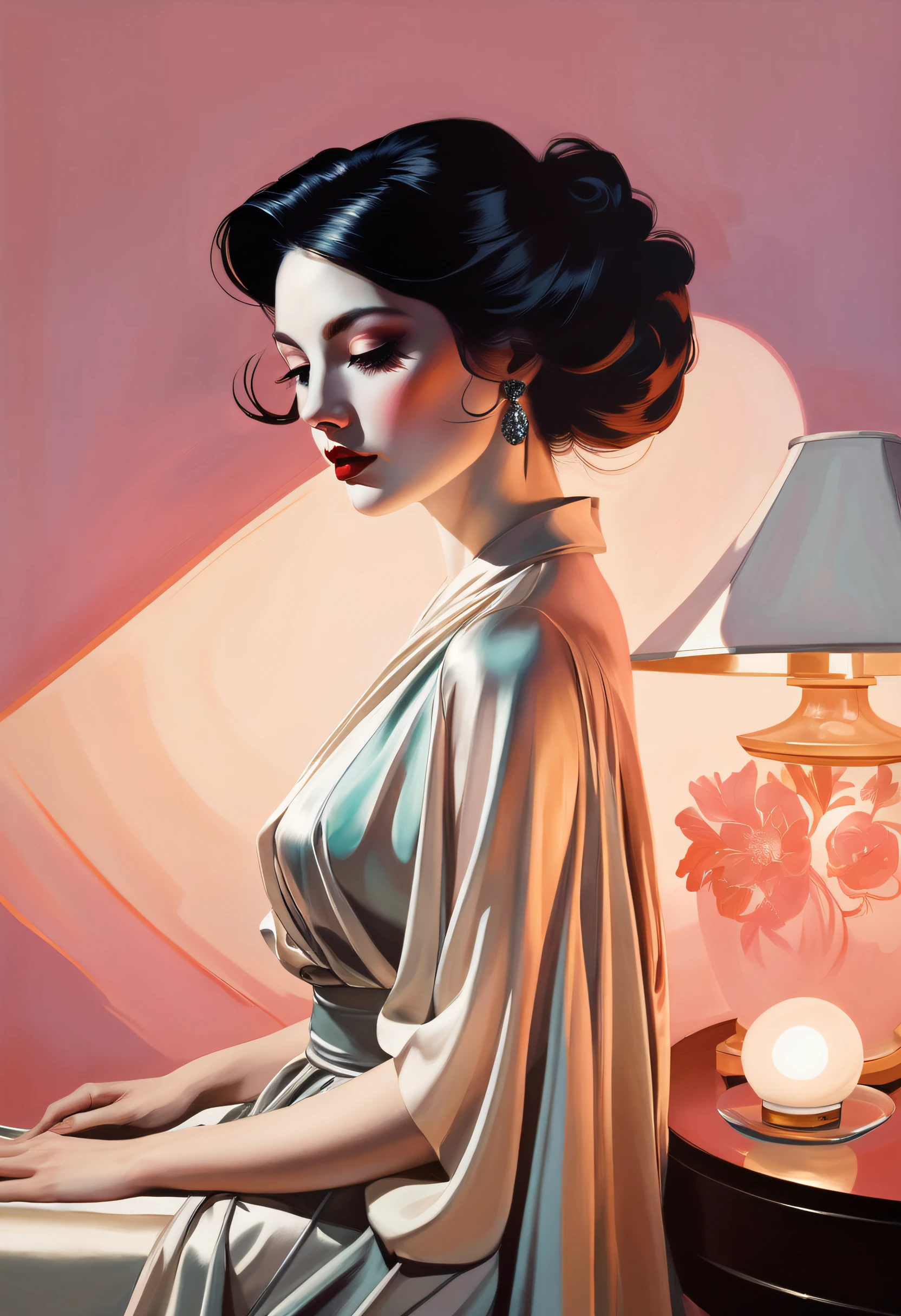 chiaroscuro technique on sensual illustration of an elegant woman, vintage ,silky eerie, matte painting, by Hannah Dale, by Harumi Hironaka, extremely soft colors, vibrant, pastel, highly detailed, digital artwork, high contrast, dramatic, refined, tonal, golden ratio