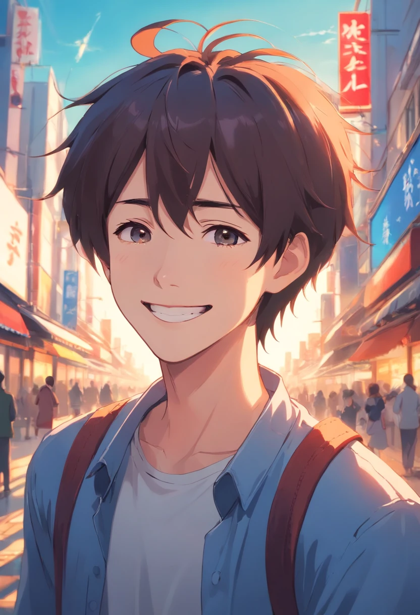 high contrast colors、4K high definition quality、年轻、A smile、daili、A young man transformed into an anime style with an exaggerated innocent smile