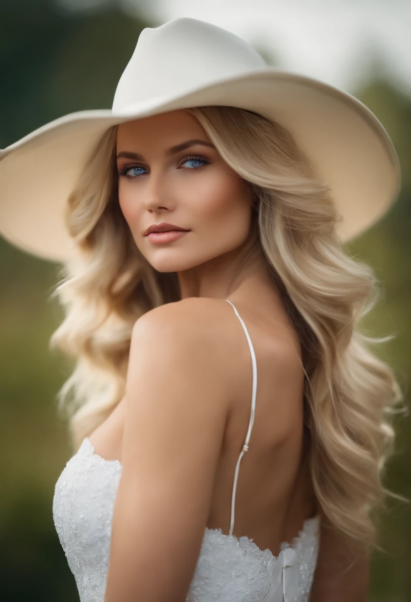 A stunning woman with long blonde hair and blue eyes in a white dress and a hat