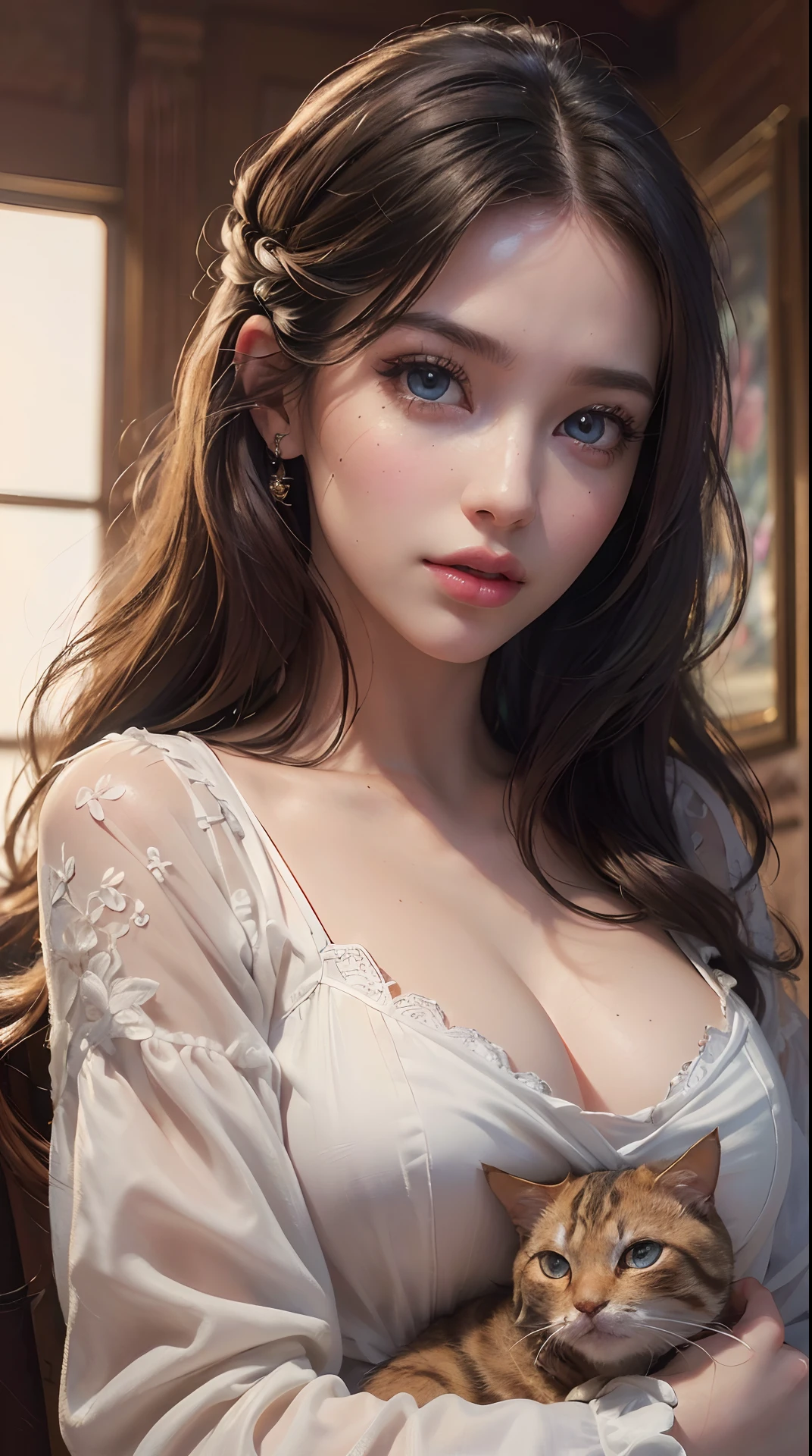 (best quality,4k,8k,highres,masterpiece:1.2), ultra-detailed, (realistic,photorealistic,photo-realistic:1.37),(beautiful detailed eyes, beautiful detailed lips, extremely detailed eyes and face, long eyelashes),studio lighting,physically-based rendering,vivid colors,(Woman holding a cat),