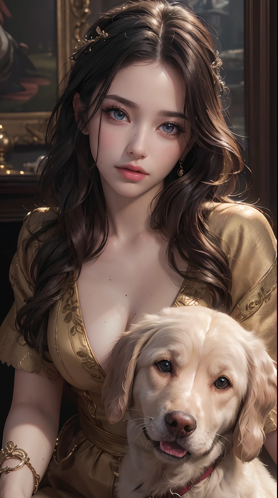(best quality,4k,8k,highres,masterpiece:1.2), ultra-detailed, (realistic,photorealistic,photo-realistic:1.37),(beautiful detailed eyes, beautiful detailed lips, extremely detailed eyes and face, long eyelashes),studio lighting,physically-based rendering,vivid colors,(Woman holding a dog),