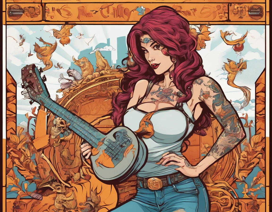 t-shirt design, centered art, hk, 8k, intricate details, cartoon style of super sensual devil woman in rocker style with a guitar in her right hand and in her left hand a mug of beer, with tattoos on her arm, and a rotweiller dog with a collar of thorns on the side