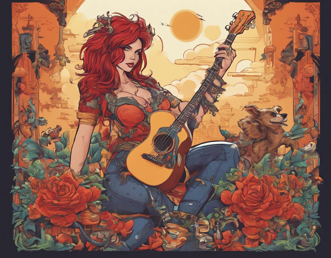 t-shirt design, centered art, hk, 8k, intricate details, cartoon style of super sensual devil woman in rocker style with a guitar in her right hand and in her left hand a mug of beer, with tattoos on her arm, and a rotweiller dog with a collar of thorns on the side
