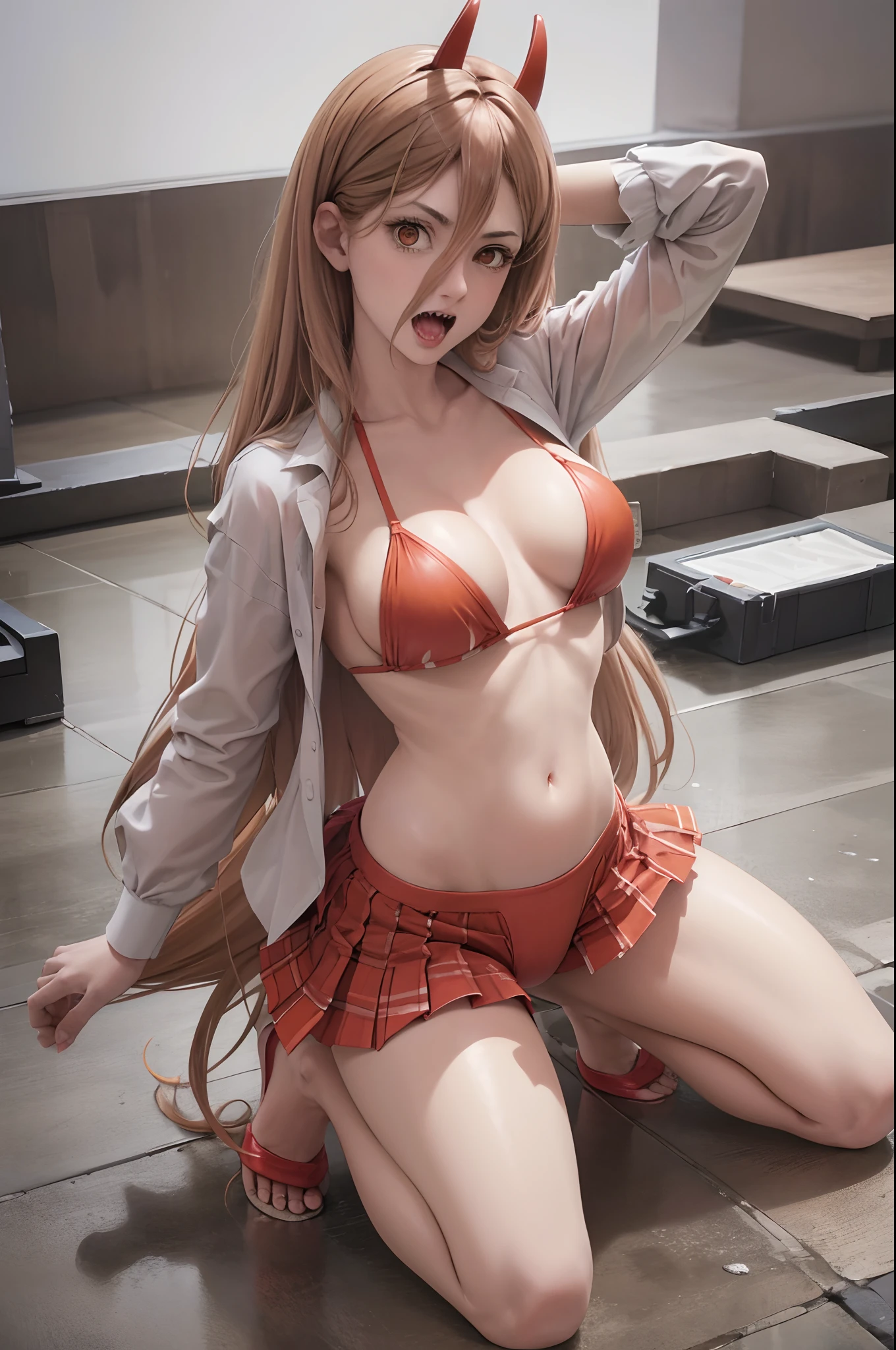 1 Mujer, Pelo naranja, ojos rojos, Cabello largo, manos detalladas, chica hermosa, cuernos rojos, bikini rojo,cosplay de Poder , casplay de diablo, tetas grandes, hermosa, tetas muy grandes, manos muy detalladas, Estilo realista de anime 3D , Cuerpo perfecto fotorrealista,Mujer bonita con abdominales esbelto, en cuarto de hotel, very big tits, ropa interior, sex