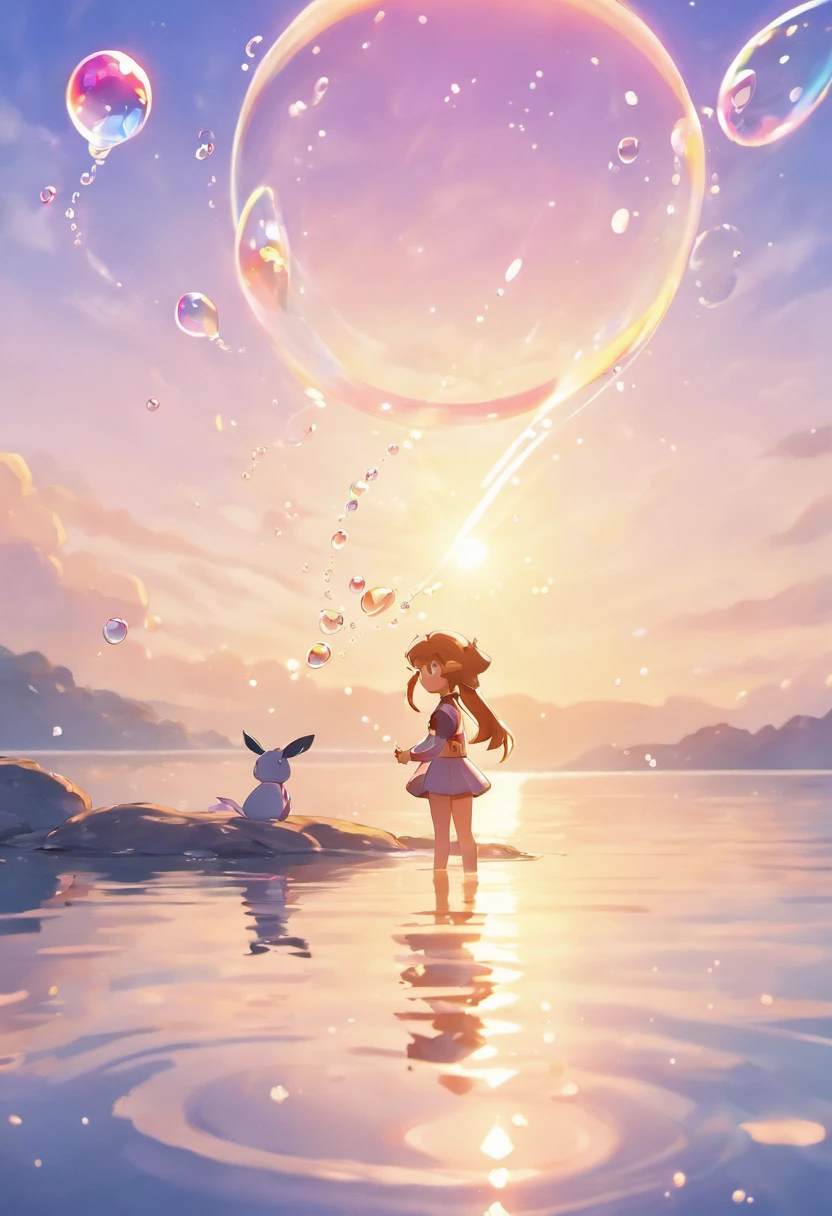 An inspiring scene in ultra-high definition 3D showcasing Haganer making a wish on the shore of a tranquil lake. Haganer, Beautifully rendered down to the smallest detail, Bubbles are seen gently blowing into the air, Each has a hopeful wish. Bubbles capture the reflection of the setting sun, Dreamy creation, magical effect. The overall atmosphere is soft, Full of hope and tranquility