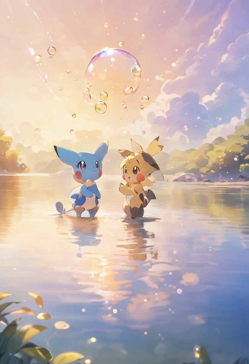 An inspiring scene in ultra-high definition 3D showcasing Haganer making a wish on the shore of a tranquil lake. Haganer, Beautifully rendered down to the smallest detail, Bubbles are seen gently blowing into the air, Each has a hopeful wish. Bubbles capture the reflection of the setting sun, Dreamy creation, magical effect. The overall atmosphere is soft, Full of hope and tranquility