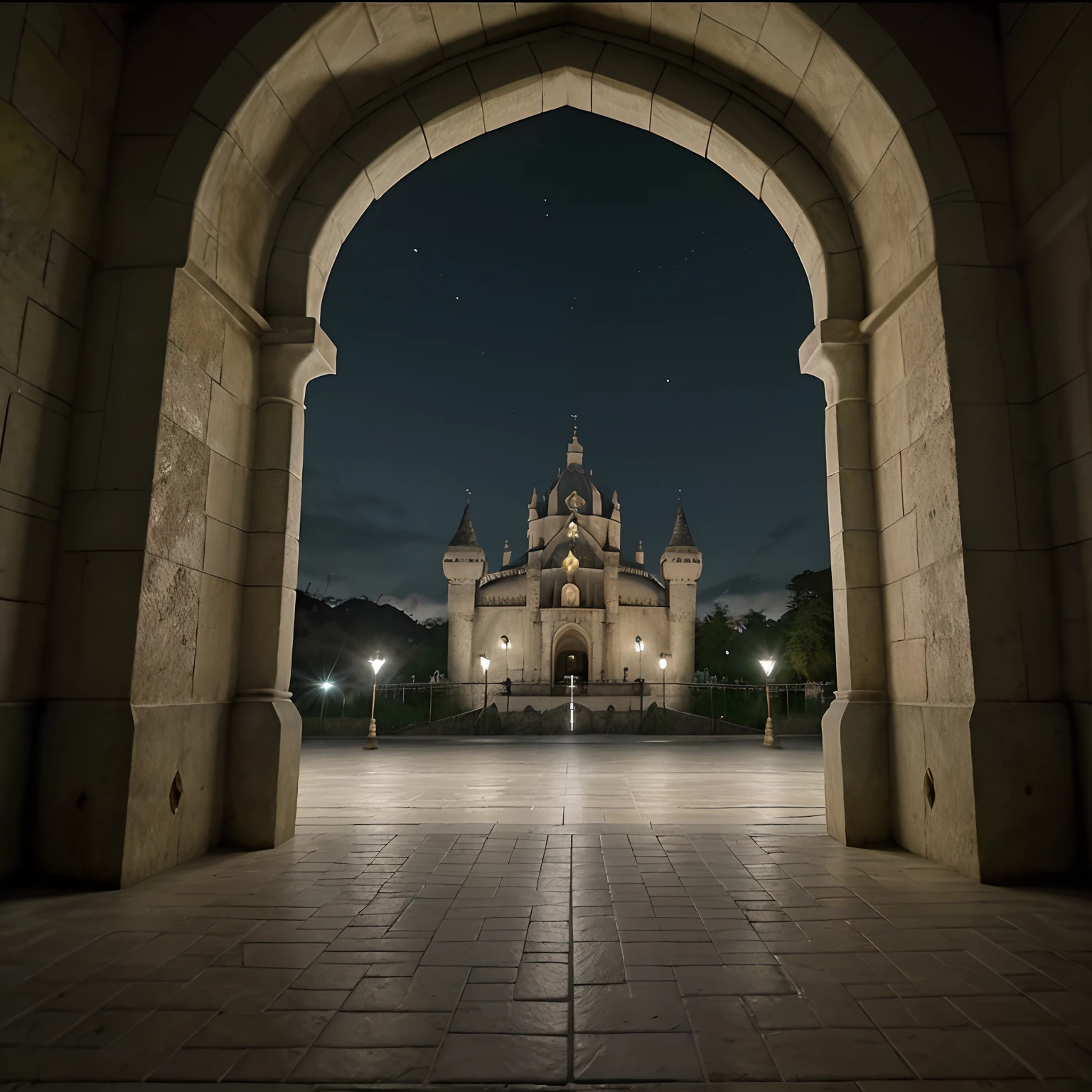 (textura pedra, castelo, middle ages) vitrais em cor, cinematic filter, hiper realismo, rusty iron gate, trees around, ambiente chuvoso, noite de luar, 8k, ultra-realistic scenery, Royal Illuminated Candlesticks, Ambiente texturizado realista, 16k, filtros de cores e reflexos hiper reais, Lagoas com reflexo realista do luar, ponto de vista alto, 45 degrees tilt, damp and dark environment, filtro de filme 32 mm