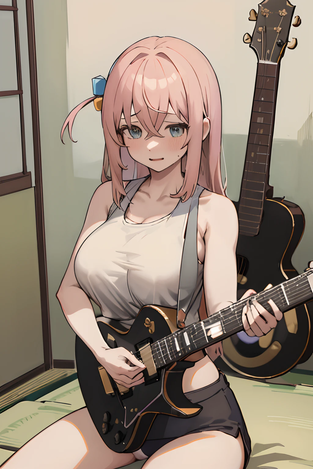 masterpiece, best quality, highres, gotou1, gotou hitori, solo, bangs, hair between eyes, cowboy shot, sitting, japanese bedroom, ((masturbating)), white tank top, big boobs, wide hips, skinny, panties, headphones, ((playing the guitar))