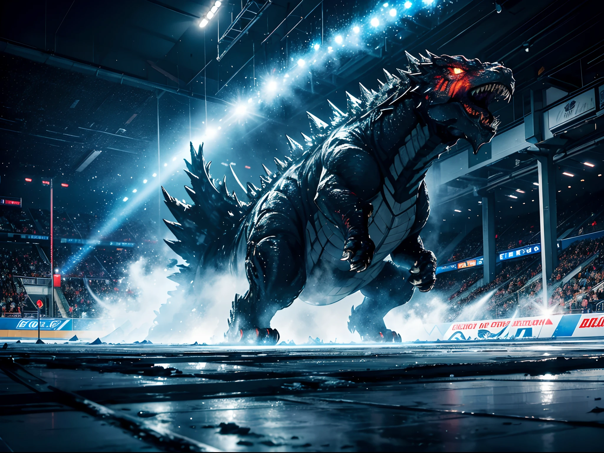 (best quality,8k,highres,masterpiece:1.2),ultra-detailed,(realistic,photorealistic,photo-realistic:1.37),hdr,UHD,studio lighting,ultra-fine painting,sharp focus,physically-based rendering,extreme detail description,professional,vivid colors,bokeh,monstrous theme,monster,Godzilla driving a Zamboni,large-scale destruction,imposing presence,ferocious eyes,incredible power,thunderous roar,zamboni expertly crafted,shiny exterior,spotless ice surface,hockey rink,frozen arena,glistening ice,excited crowd,cheering fans,palm trees lining the rink,fierce clash between Godzilla and the Zamboni,shattered ice,flying ice shards,smoke billowing from the Zamboni,blade marks on the ice,sparkling snowflakes,frozen mist,icy breath,smoldering wreckage,flaming wreckage,chaotic scene,massive destruction,unstoppable force,unique perspective,overwhelming power,colorful lights reflecting on the ice,indoor arena,concert-like atmosphere,Godzilla towering over the rink,visible exertion,enthusiastic atmosphere,wild energy,majestic presence,awe-inspiring sight,roaring crowd,hockey players in disbelief,shocked expressions,elevated viewpoint,dramatic angles,dynamic composition,thrilling encounter,heart-pounding moment.