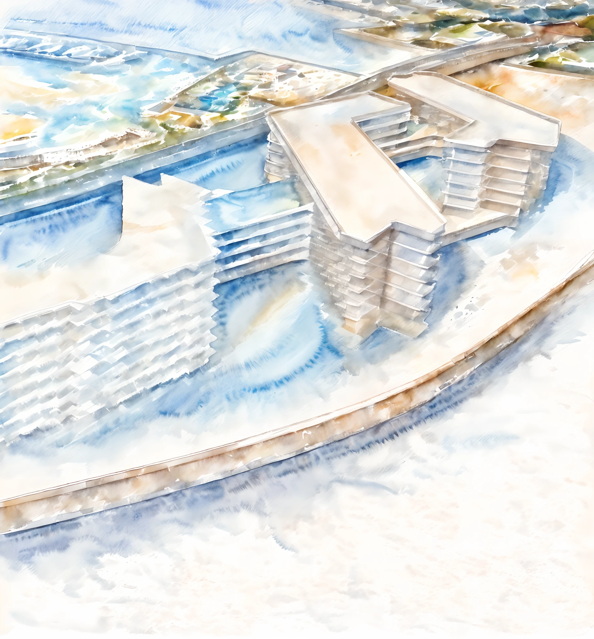 watercolor of the architecture by the sea, palm tree landscape
