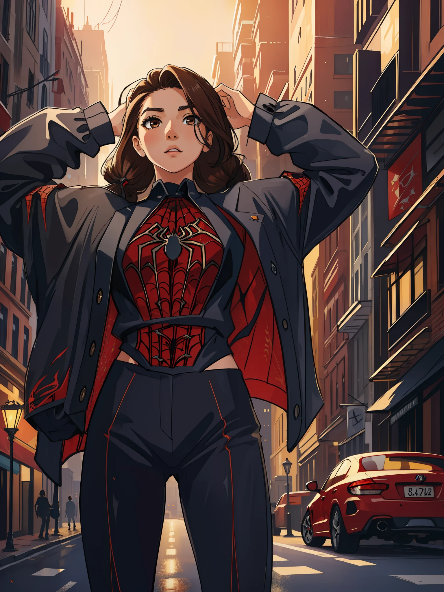 Amy Acker、マーベルコミックの映画Poster、so beautiful、Movies about Spider-Man、sexy、whole body、Wearing a skirt、Premiere Date、Poster、belly buttonを突き出す、new york、She's wearing a ripped Spiderman suit、The suit is torn、Wearing a skirt、Red and black color scheme、dynamic、masterpiece、Highest quality、Super detailed、Very detailed、Delicate and beautiful shine、Ultra-high resolution、Cinematic、break、breakドロップ、(Torn clothes:1.5)、(Wet clothes:1.4)、Bare shoulders、Real Rain、Wet Hair、belly button、Exposed Skin、sexyな肩を披露