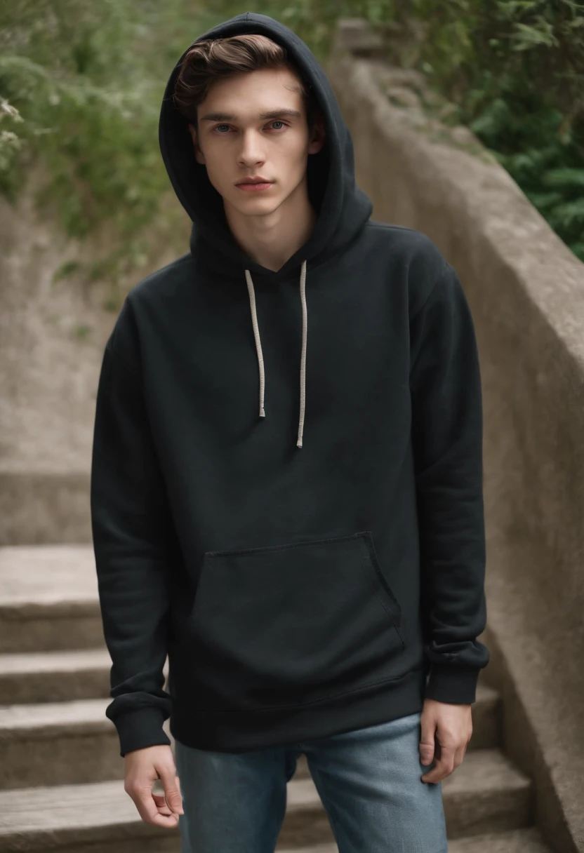 Man in black hoodie standing on a set of stairs, outlive streetwear collection, Estilo Temor de Deus, preto Hoodie Techie, Retrato no meio da foto, trending on r/streetwear, tommy 1 6 anos de idade, Estilo Tyler Jacobson, Album art, Finn Wolfhard, usando um capuz preto, wearing jeans and a black hoodie, em um moletom preto