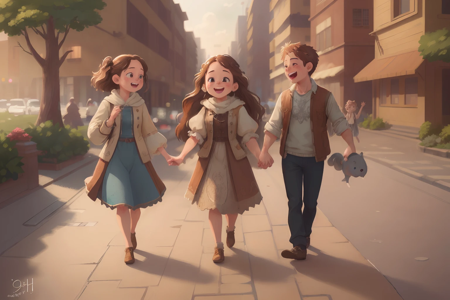 (best quality,8k,highres,masterpiece:1.2),bokeh,ultra-detailed,realistic:1.37,anime style,city,joyful family walking on the street,detailed facial features,beautiful detailed eyes,beautiful detailed lips,ultra-detailed skin texture,happy expressions,realistic clothing and hair,scenic background with intricate details,perfectly balanced lighting,impressive shadows,HDR,ultra-detailed textures,professional illustration.