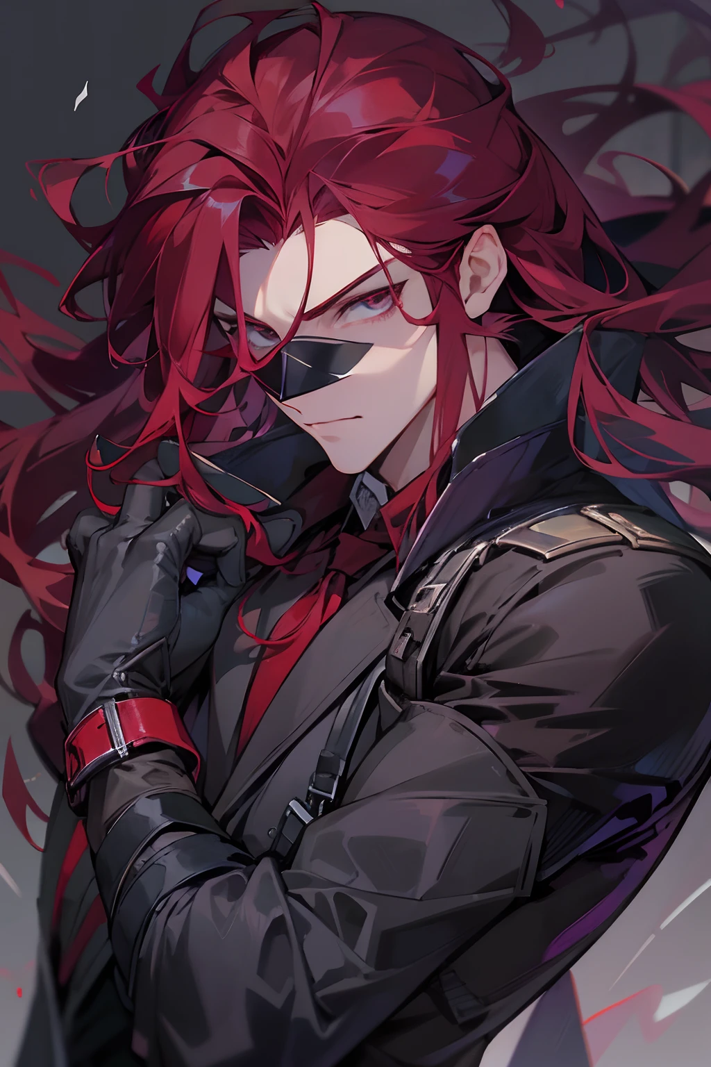 A man with fiery red hair and an intriguing presence wears a black and red suit, accompanied by a distinctive eye patch on his right eye. The eye patch is adorned with a bold white symbol, and beneath it lies a deep scar. The overall appearance exudes an air of mystery and intrigue. (high contrast photography, close-up shot, intense lighting)