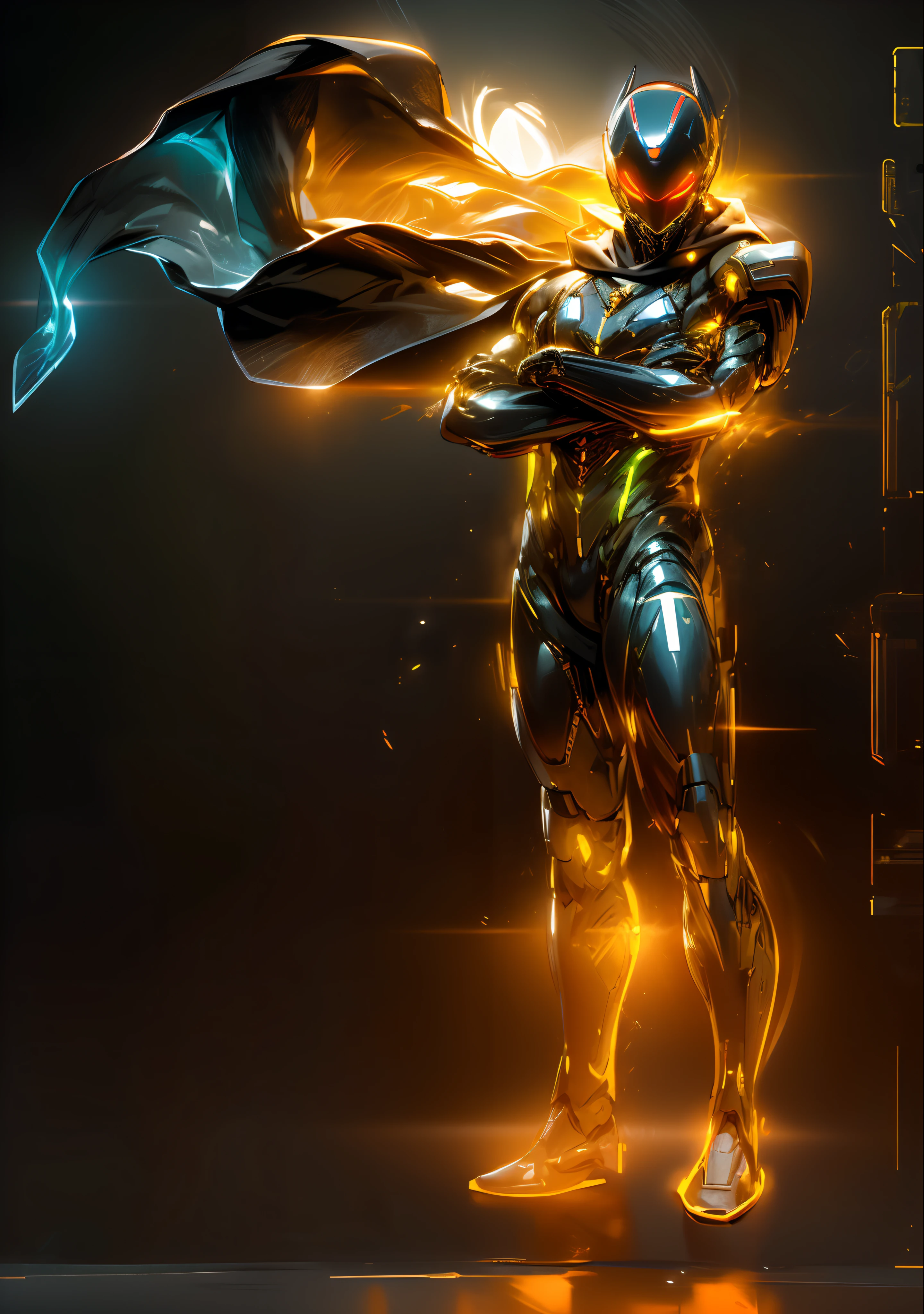 masterpiece, best quality, (extremely detailed CG unity 8k wallpaper), (best quality), (best illustration), (best shadow), superhero, muscular man, he is wearing a shinny metallic dark blue seal skin suit, shinny orange gloves, 'V' shape on chest is orange color, he is wearing a mask with oblong large orange shinny metallic goggles, realistic lighting, (Abyss), beautiful detailed glow, strong hands, right hand is closed into a fist. left hand holds up a bullfrog. gold floating oblong orb hovers near him. NO background, no backdrop, Pure white background.