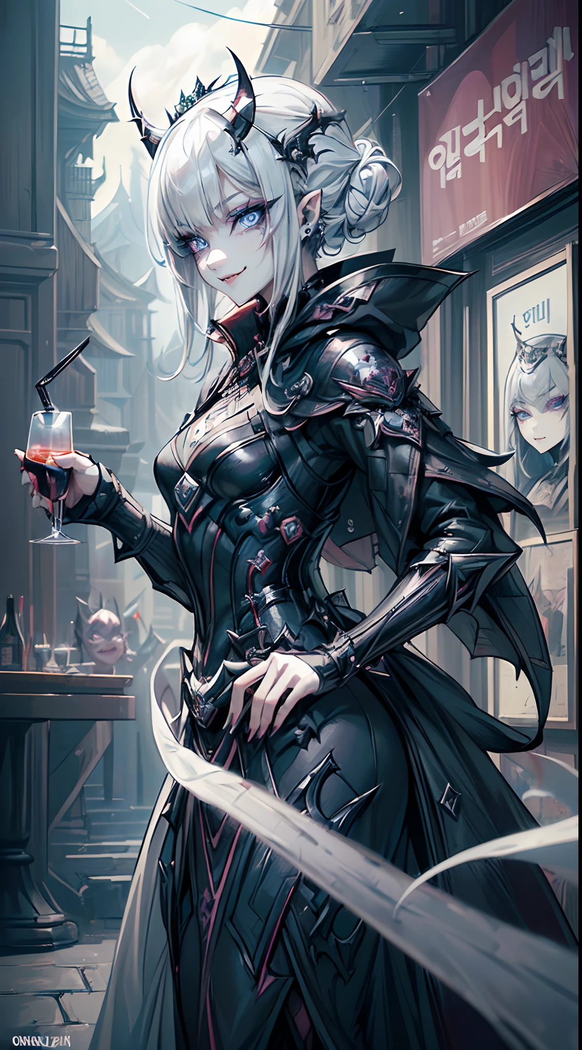 ((4K works))、masterpiece、(top-quality)、((One Beautiful Villain Girl))、Slim body、tall、((Villain Black Dress Fashion))、(Detailed beautiful eyes)、Tavern in the world of science fiction、((Face similar to Carly Rae Jepsen))、((Long boyish black and white split hair))、((Smaller face))、((Neutral face))、((Bright blue eyes))、((American adult women))、((Adult female 26 years old))、((cool lady))、((Like a celebrity))、((Like the villain queen))、((Fangs and a smile))、((Korean Makeup))、((Villain Queen Makeup))、((elongated and sharp eyes))、((boyish))、((Villain Queen))、((She drinks alcohol))、((Shot diagonally from the side))、Professional Photos、Villain Queen photo