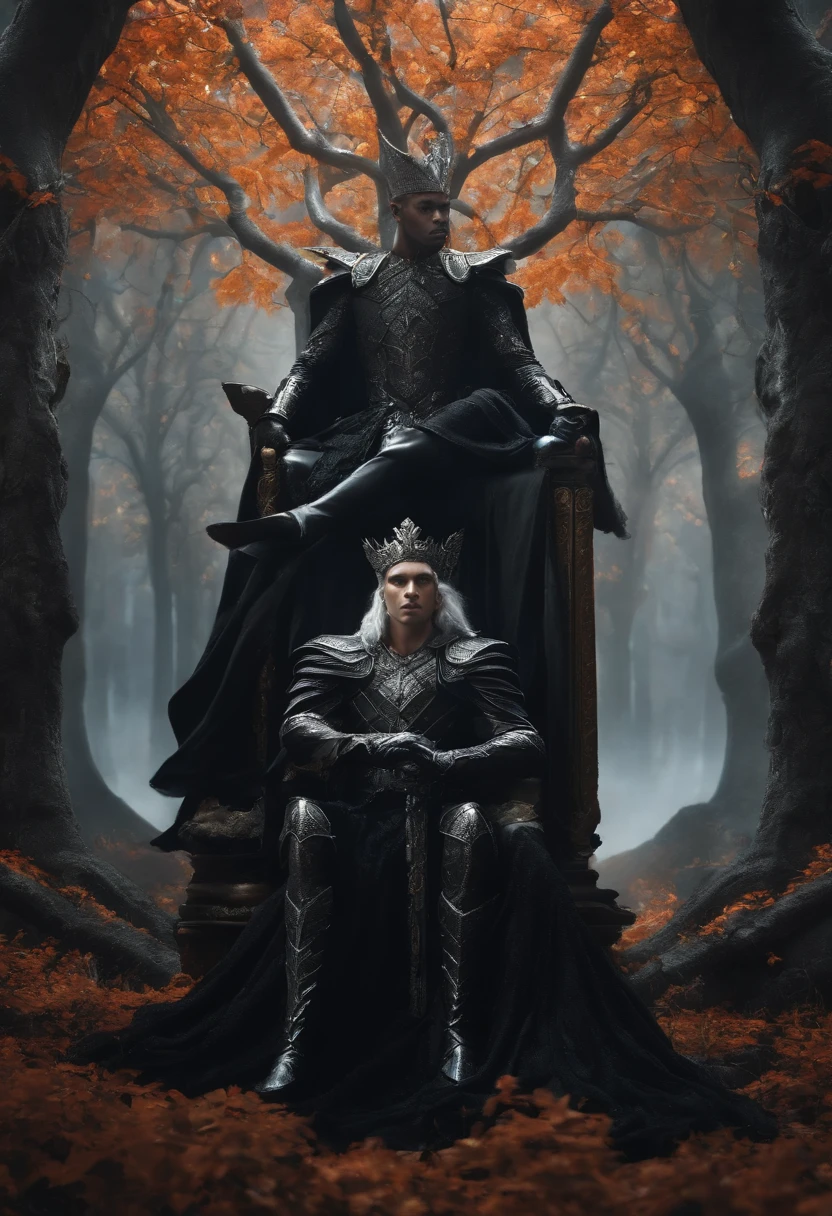 two dark elf kings and an elf queen, all dressed in black armor covered in darkness, all sitting on a single large throne that sits on a gigantic white tree